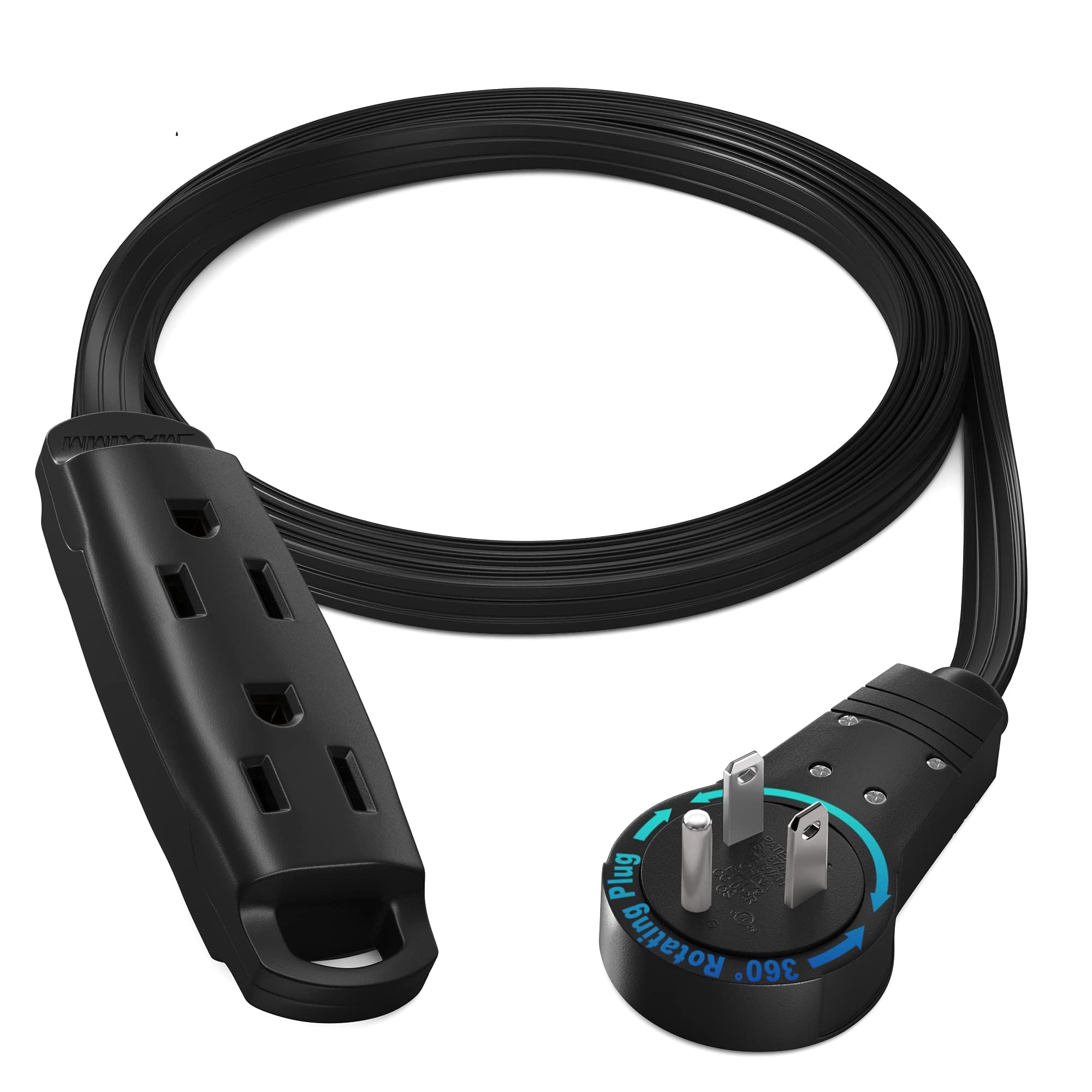 Maximm 360 Degree Rotating Flat Extension Cord 3 Ft Multi 3 Outlet Power Cord Grounded 16 Awg Ul Certified, Black