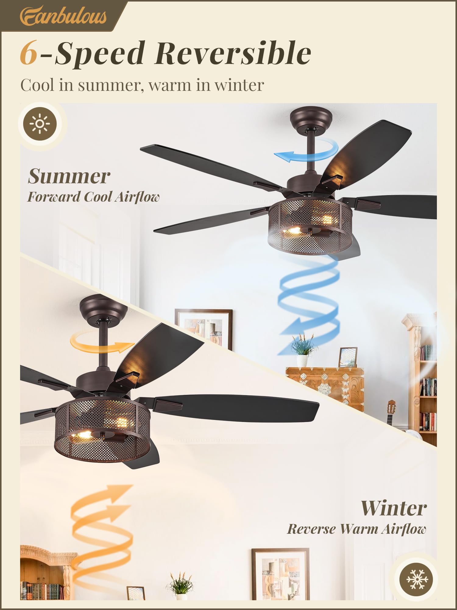 Farmhouse Oil Bronze Ceiling Fans With Lights And Remote, 52 Inch Bedroom Caged Ceiling Fans For Living Room Kitchen,6 Speed Rev