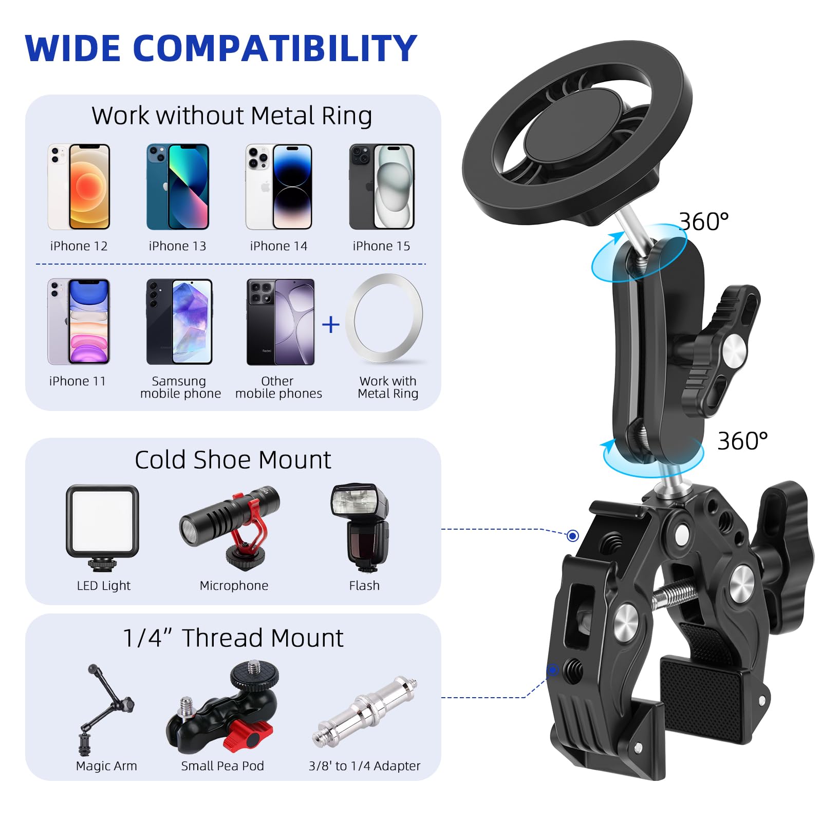 Magnet Phone Mount With Super Clamp, Aluminium Alloymagnetic Phone Holder Magsafe, For Spin Bike/Golf Cart/Cart/Railing/Handleba