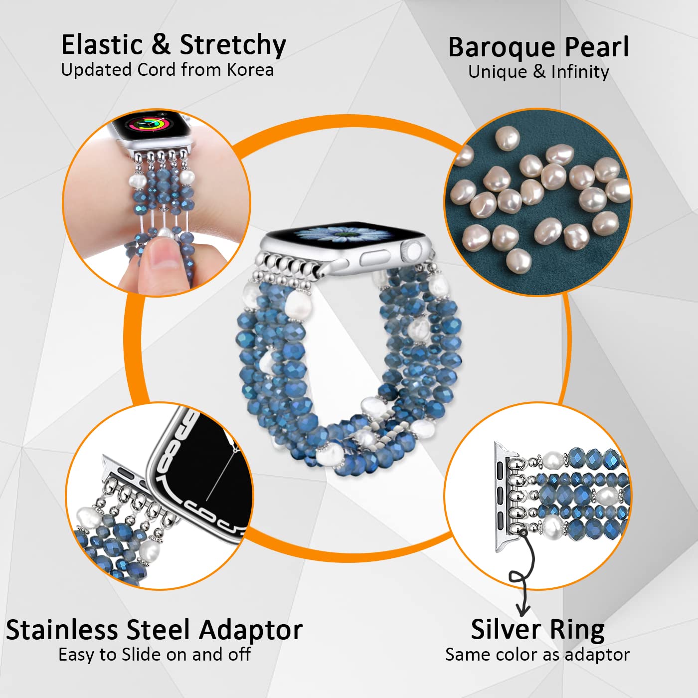 Fastgo Beaded Bracelet Band Compatible With Apple Watch 38Mm 41Mm 40Mm 44Mm 45Mm 42Mm 49Mm Series 7 Women, Pearl Elastic Stretch