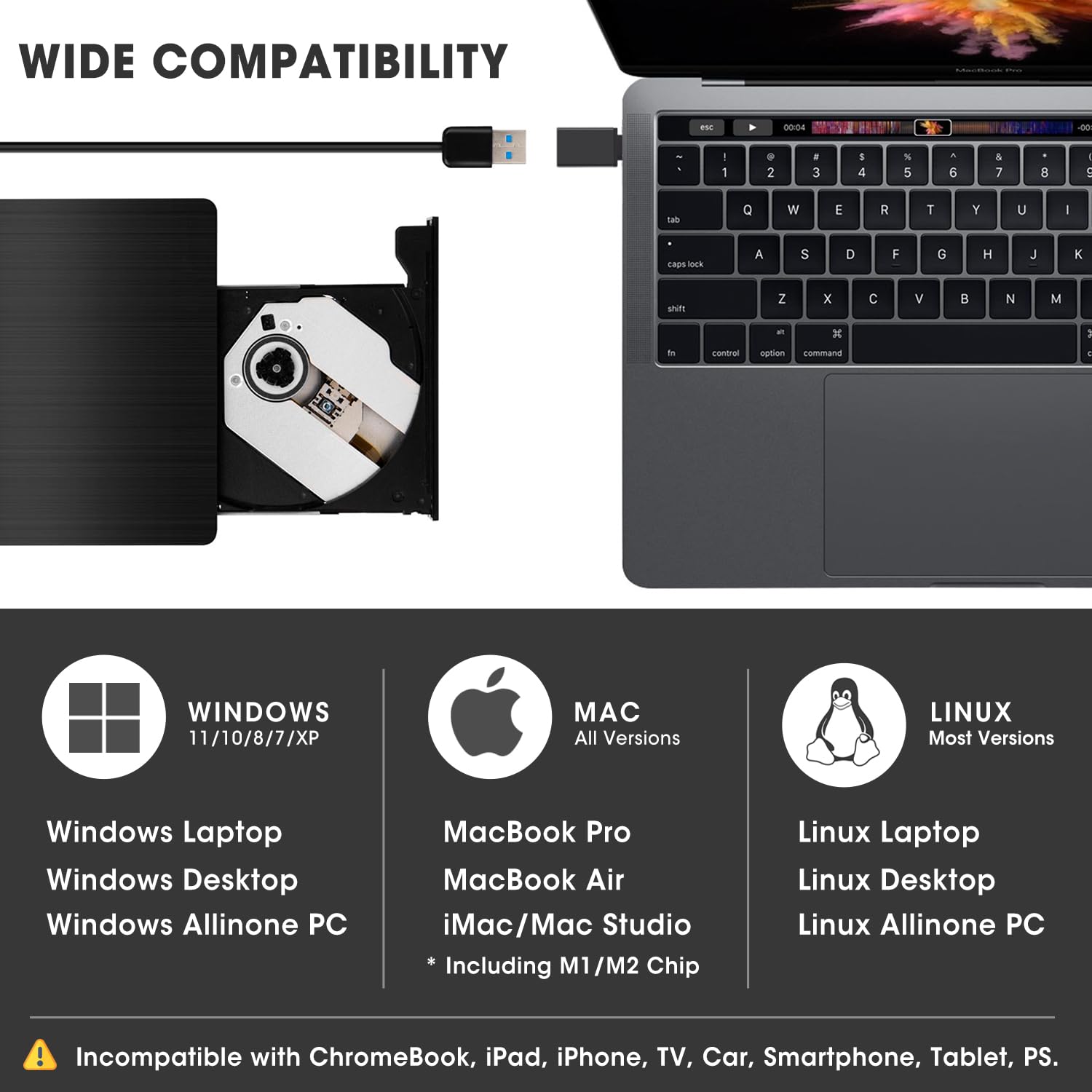 Roofull External Cd/Dvd Drive Usb 3.0 Portable Cd Dvd Player Burner Reader Writer Cd/Dvd Rom +/ Rw Optical Disk Drive For Laptop