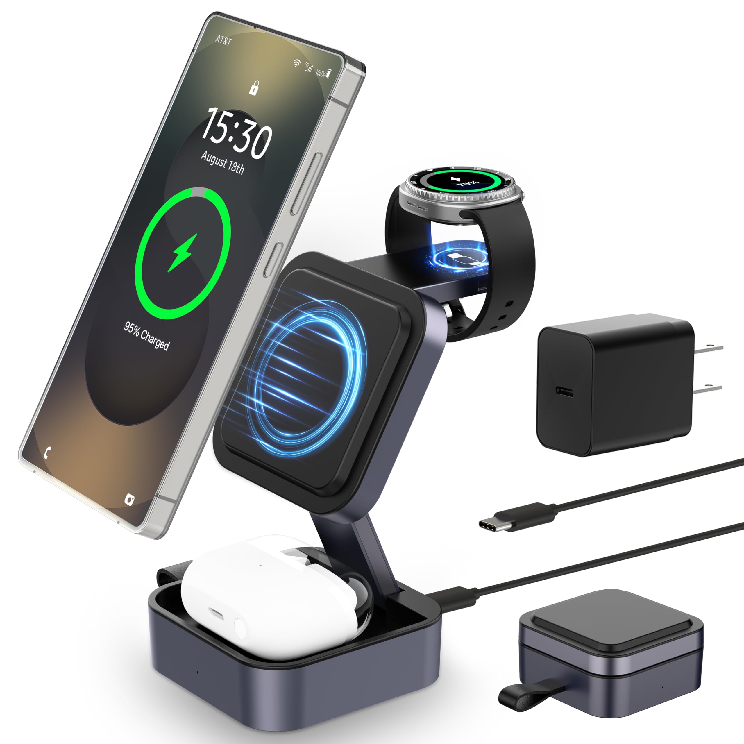 3 in 1 Charging Station for Samsung, Foldable Wireless Charger Station, Travel Magnetic Fast Charger Stand for Galaxy S26-S21/Z 