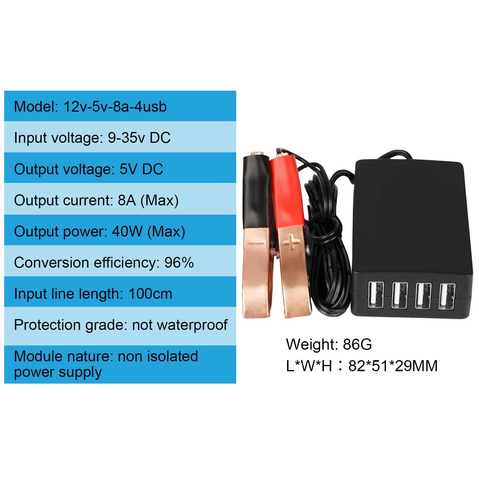 Dc Converter With Battery Clip 12V 24V To 5V 8A Usb Power Adapter Buck Regulator Charger, 4 Ports Automatically Identify Shunt C