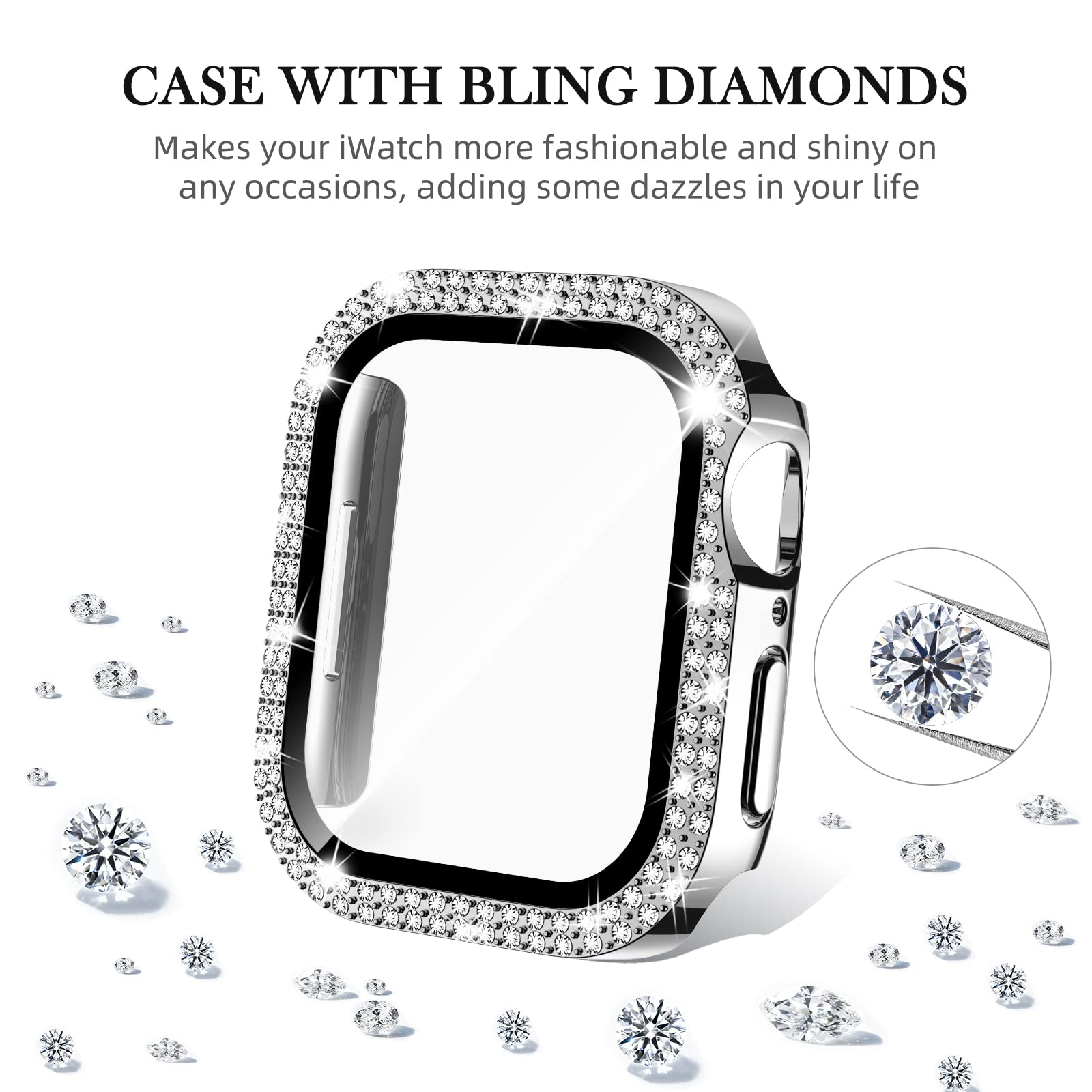 Adepoy Compatible For Apple Watch Case 44Mm Series 6/5/4/Se With Tempered Glass Screen Protector, Double Bling Case Crystal Diam