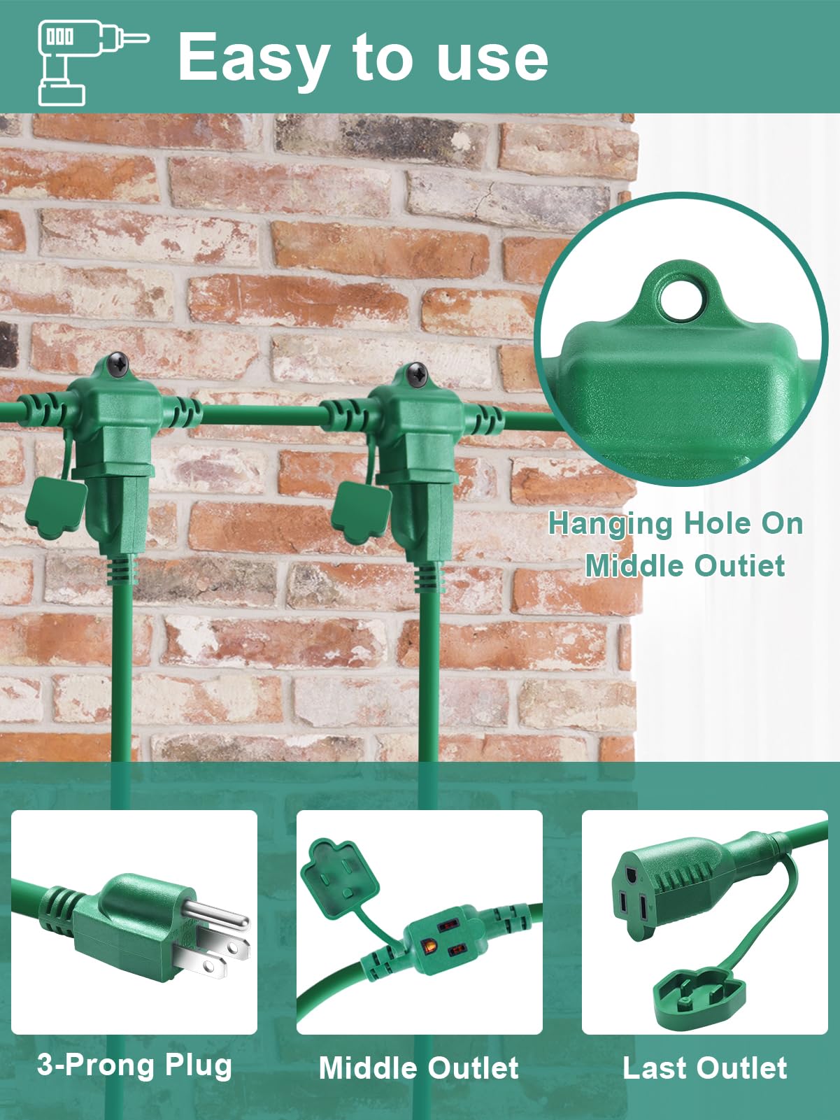 Outdoor Extension Cord With Multiple Outlets, 25Ft Green Christmas Light Extension Cord Outside, Evenly Spaced 6 Plugs, 16/3 Sjt