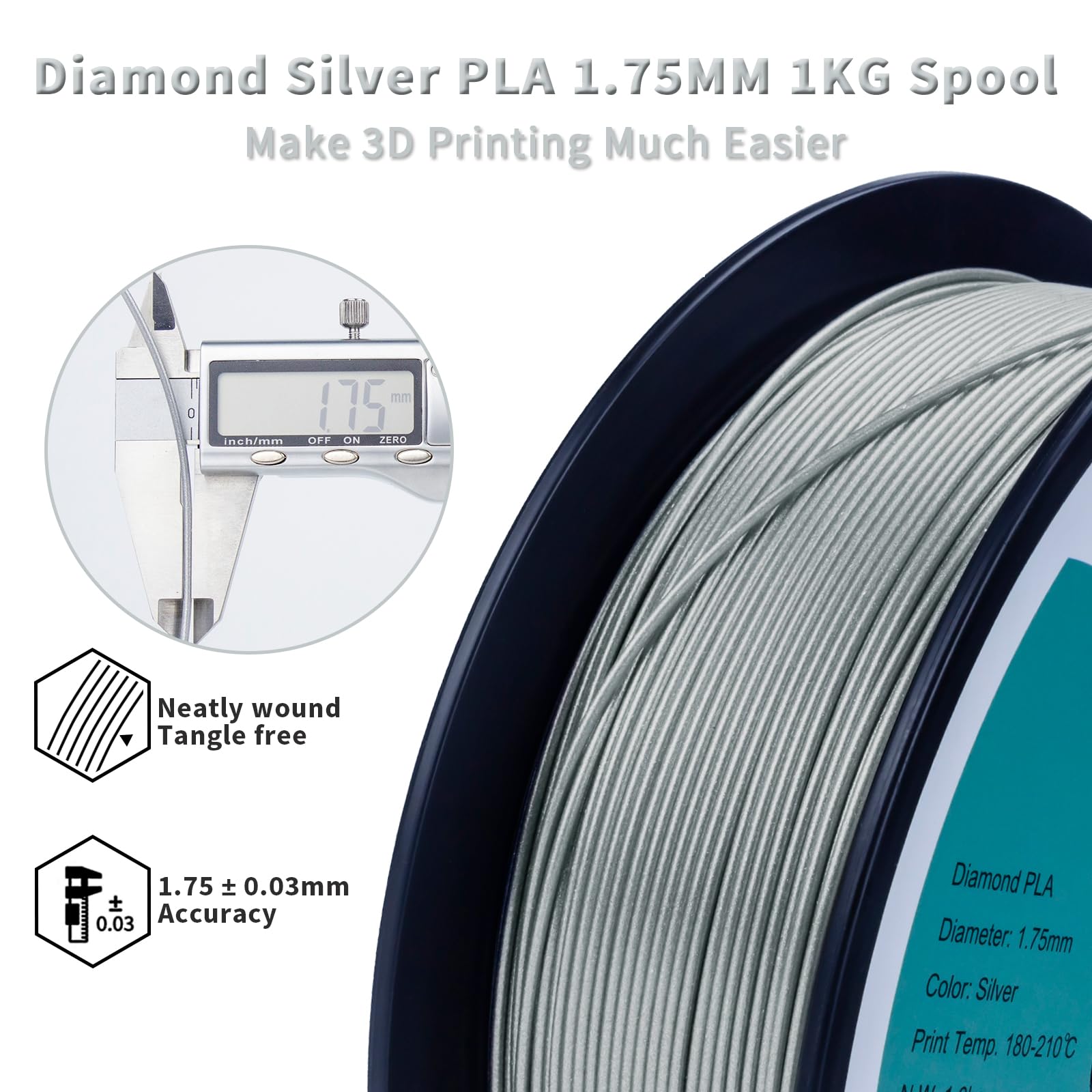 Ziro Shiny Sparkle Pla Filament With Glitter, Shining 3D Printer Pla Filament 1.75Mm, Diamond Series 1.75 1Kg/2.2Lbs Spool, Neat