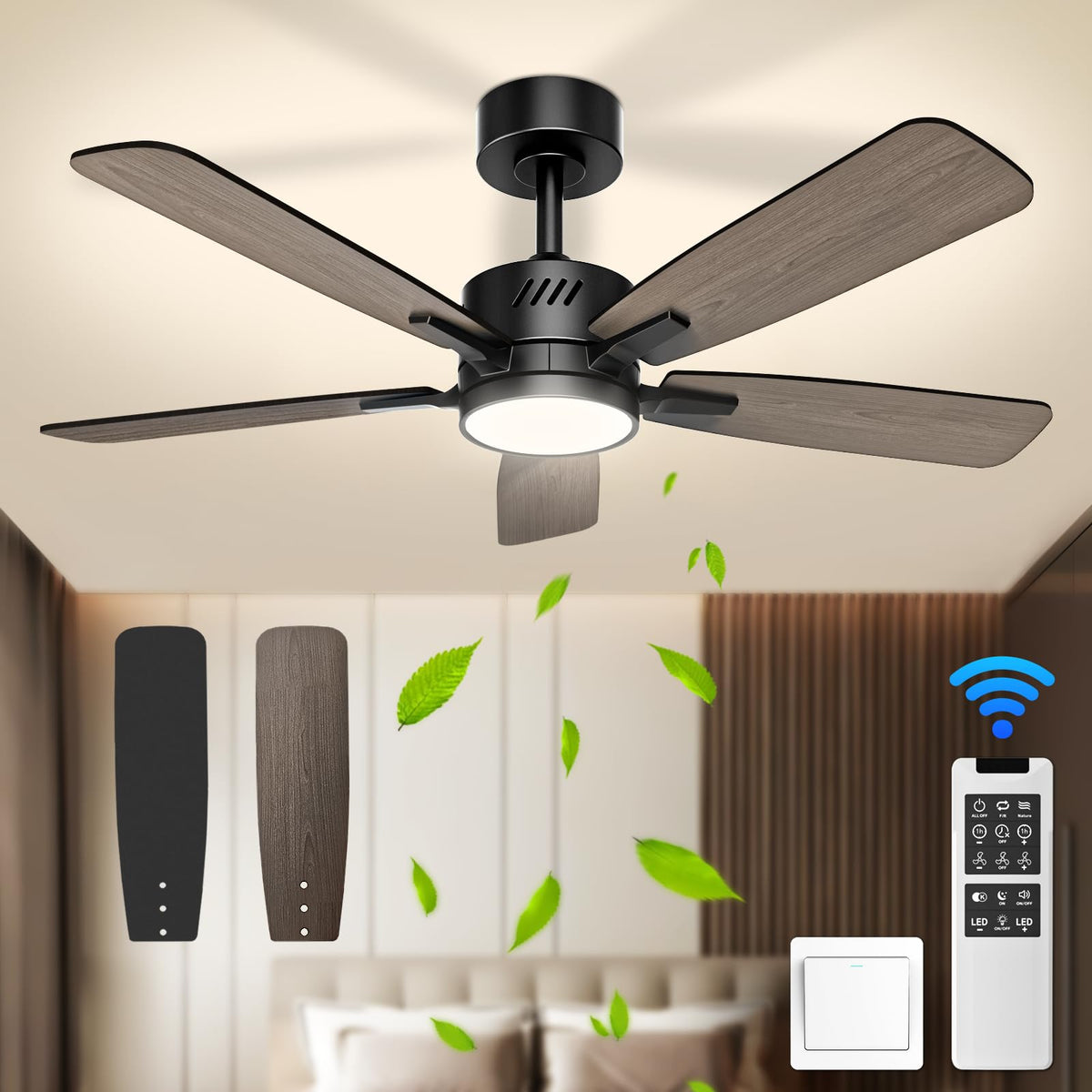 Jofios Ceiling Fans With Lights And Remote,42 Inch Ceiling Fan With Adjustable Color Temperature,Dimmable 6 Speeds Noiseless Rev