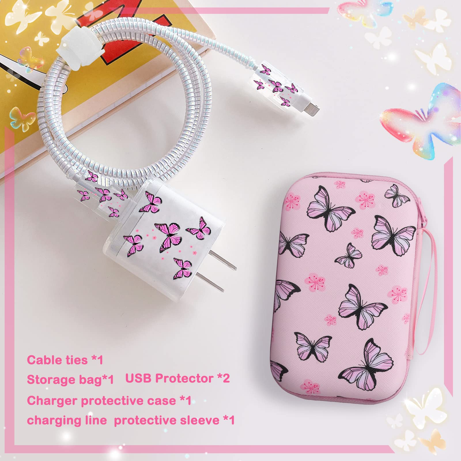 Cute Phone Charger Storage Case Cover Set Pink Butterfliy Flowers Carrying Bag With Cable Protector Cord Organizer,Cable Chomper