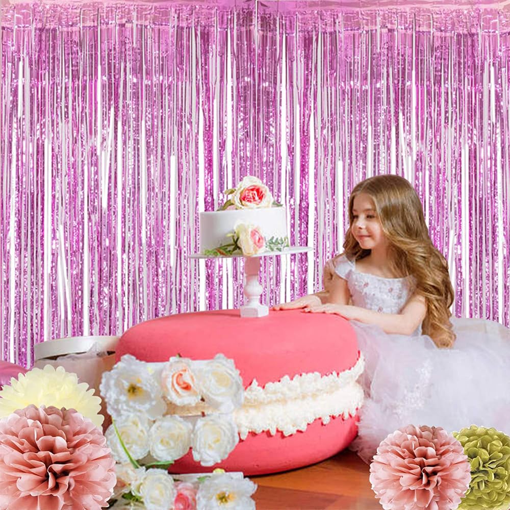 Beishida 4 Pcs Pink Door Streamers Tinsel Curtain Party Streamers Backdrop Fringe Foil Wall Background For Birthday Christmas We