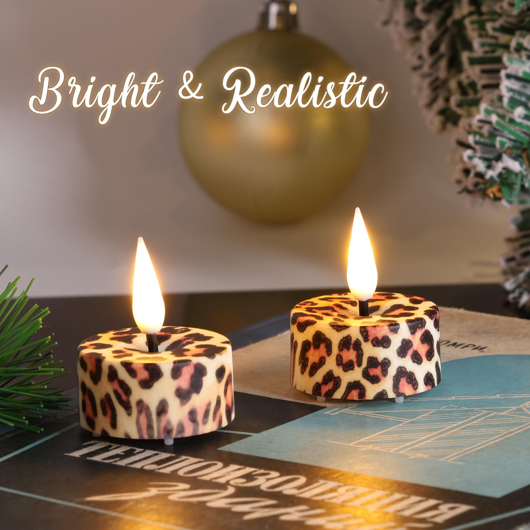 Eywamage Leopard Animal Pattern Flameless Tealights With Remote Batteries Included, Flickering Plastic Led Tea Votive Candles Se
