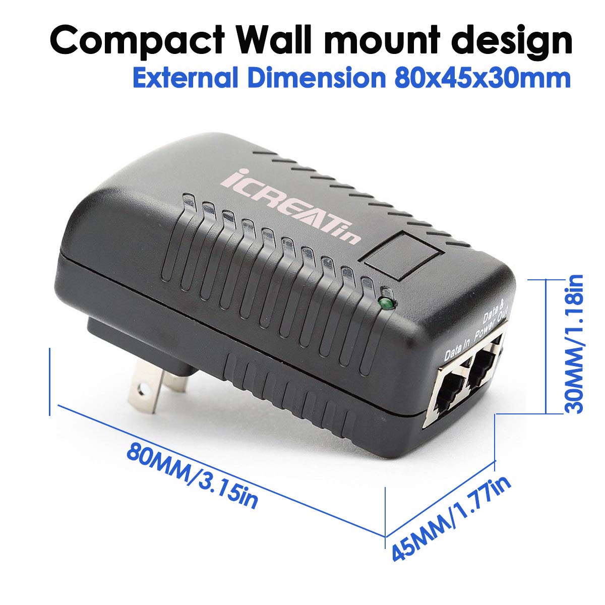 Icreatin 30W Wall Poe Injector Adapter 802.3At / 802.3Af Compliant,10/100Mbps Rj 45 For 48V Poe Supported Ip Cameras And Phones