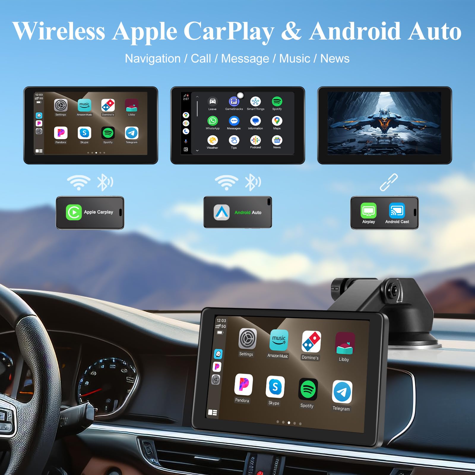 Portable Apple Carplay Screen For Car, 7'' Ips Touch Screen With 4K Dash Cam, Wireless Android Auto Screen, 1080P Backup Camera,