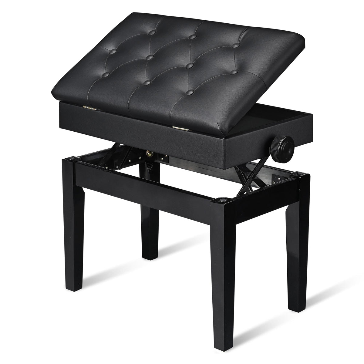 Aw Adjustable Height Piano Bench Stool Pu Leather Wooden Keyboard Seat With Music Storage Weight Capacity 400Lbs Black