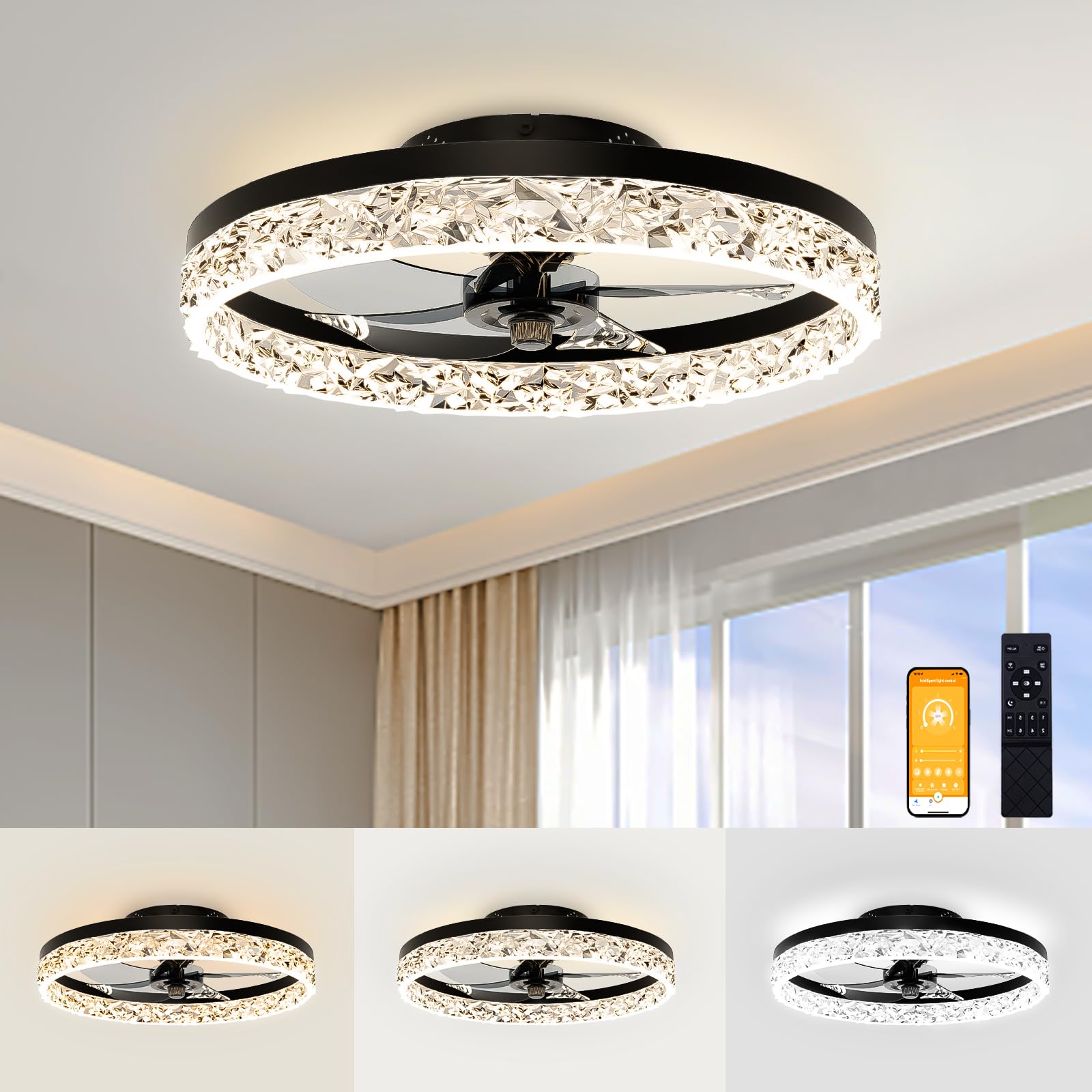 VOLISUN Low Profile Ceiling Fan with Lights and Remote, 19.7in Modern Ceiling Fans Flush Mount, 3000K-6500K Dimmable Bladeless L