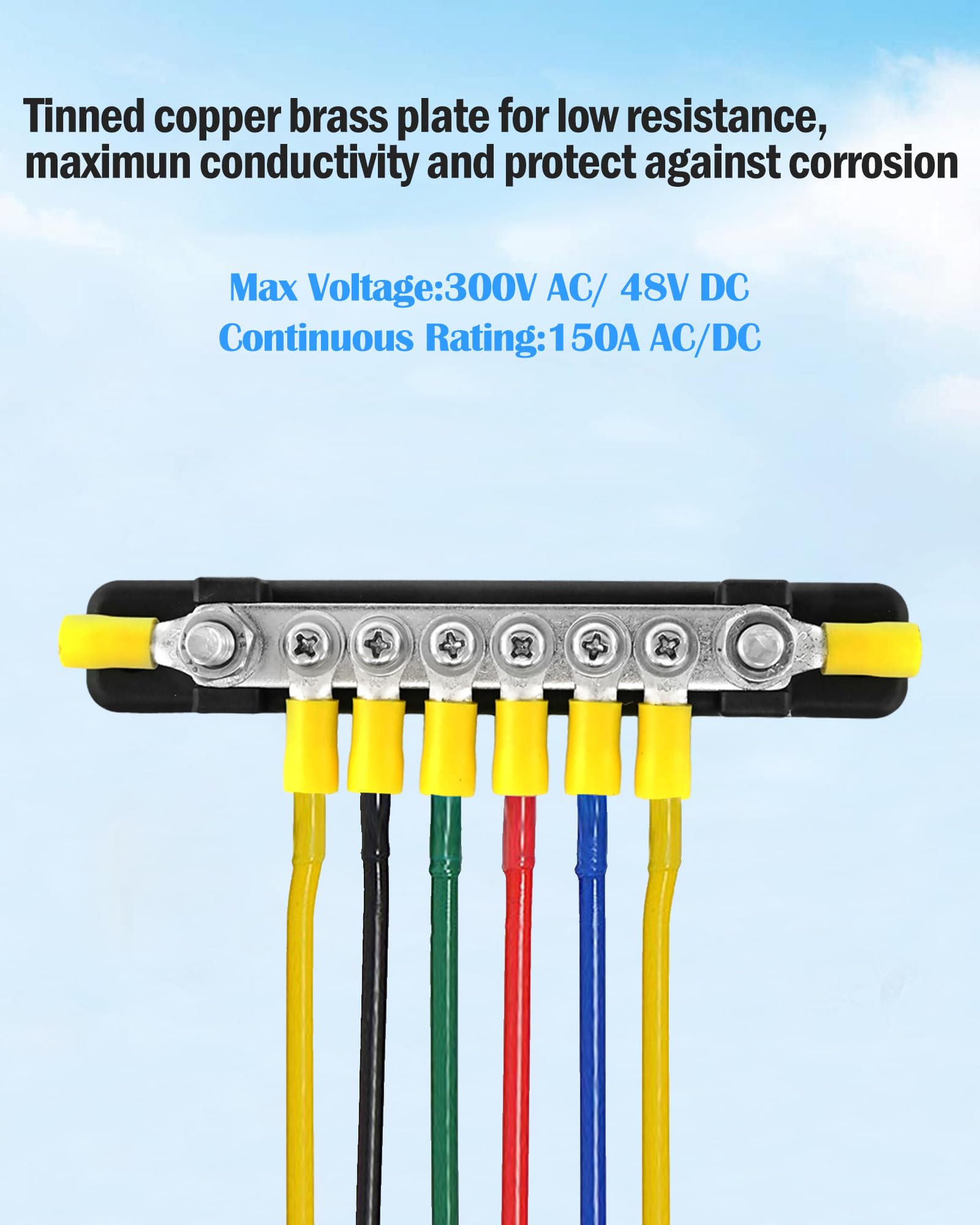 Lenkrad Power Distribution Block Bus Bar Pair With Cover, 150A Bus Bar For Marine, Automotive(6 Screws + 2 Studs)