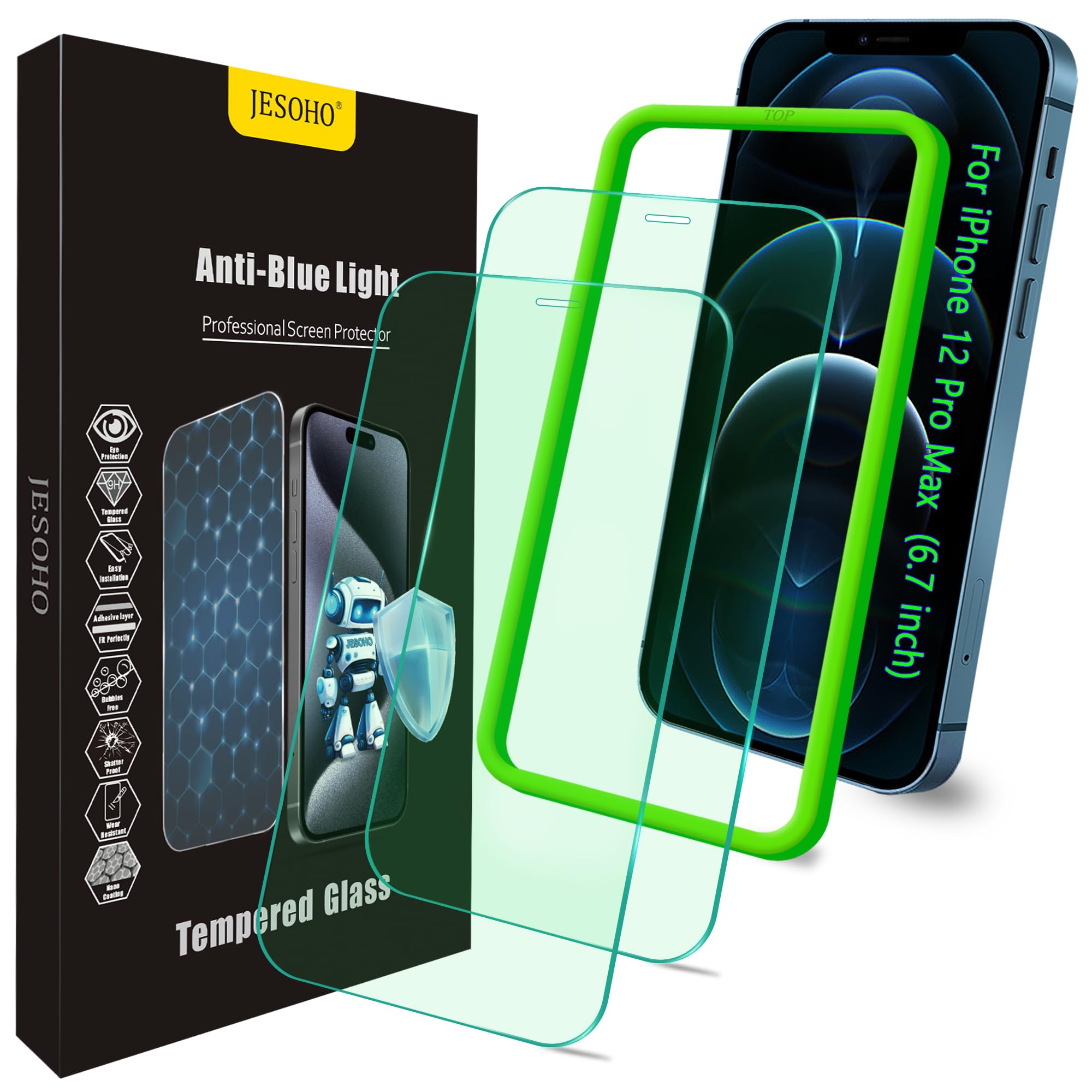 Jesoho Blue Light Screen Protector For Iphone 12 Pro Max(6.7 Inch) Eye Protection Hd Clear Blue Light Blocking Tempered Glass, S