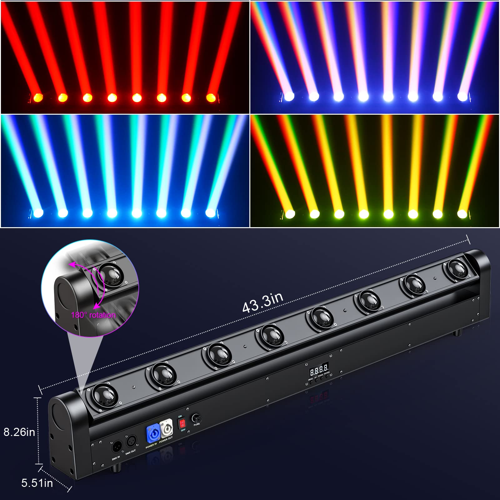 8 Eye Led Beam Wall Washer Lights,120W Rgbw 4In1 Strobe Moving Head Dj Light Bar 180  Tilt Dmx And Sound Control Stage Lighting