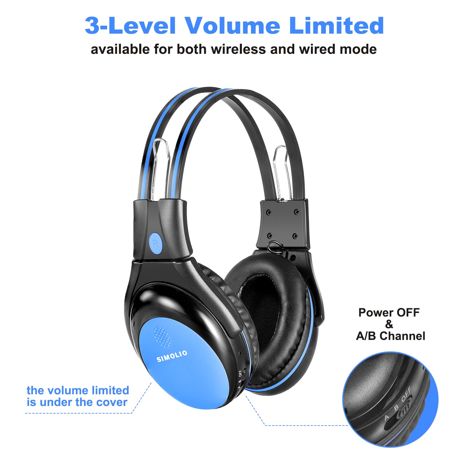 Simolio 3 Pack Of Car Wireless Headphones For Kids With 3 Level Switchable Volume Limited, Infrared Wireless Headphones For Kids