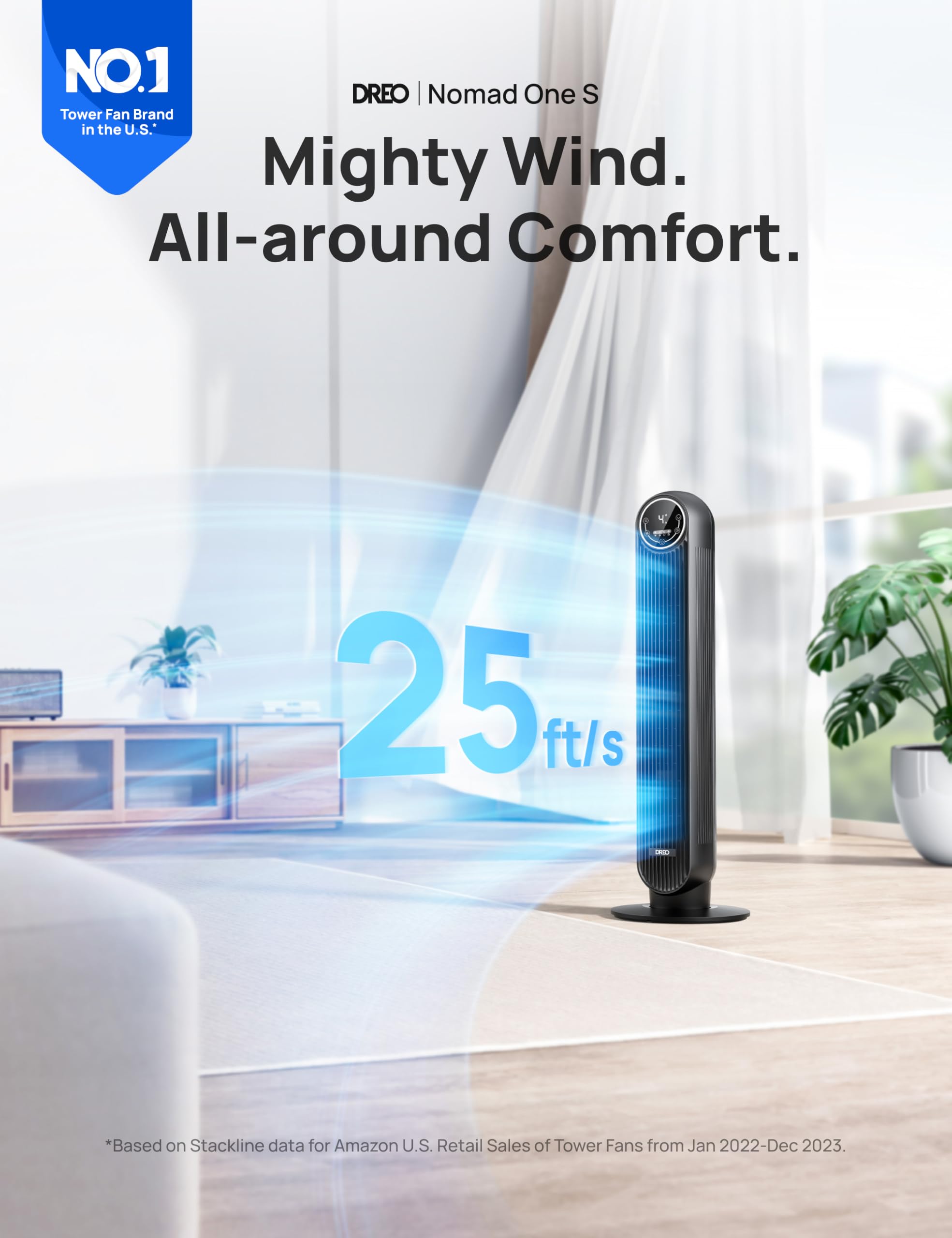Dreo Tower Fan For Bedroom, Smart Oscillating Quiet Floor Fans, Standing Bladeless Fan With Remote And Wifi Voice Control, 4 Mod