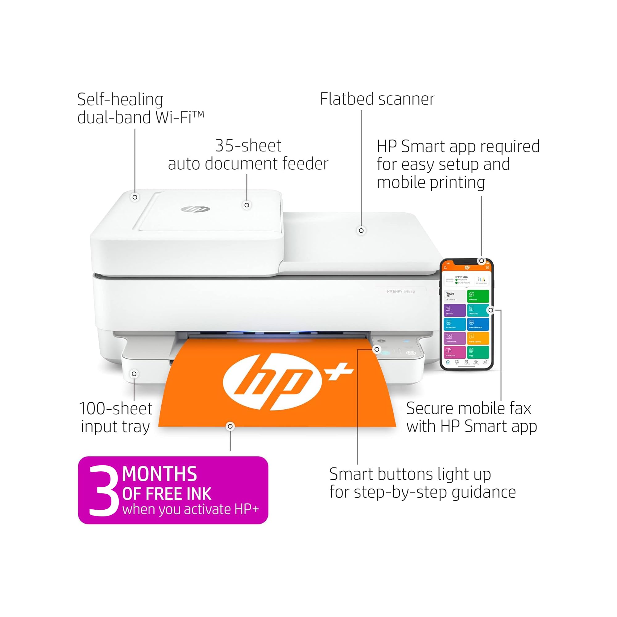 Hp Envy 6455E Wireless Color Inkjet Printer, Print, Scan, Copy, Easy Setup, Mobile Printing, Best For Home, 3 Months Of Instant