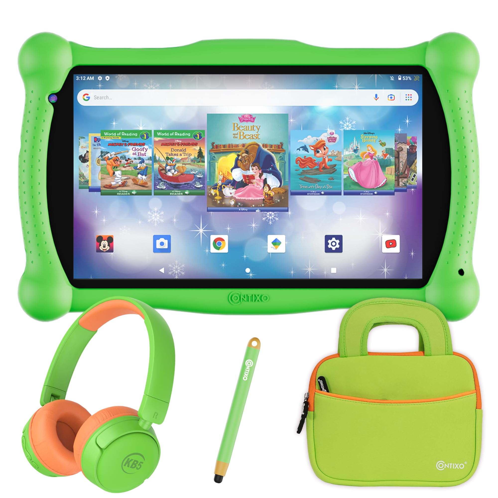 Contixo 7 Inch Disney Kids Learning Tablet, Wifi, Bluetooth, Kids Wired Headphone, Stylus And Tablet Bag Bundle With 15 Teacher Approved Apps And Parent Control   Green Set