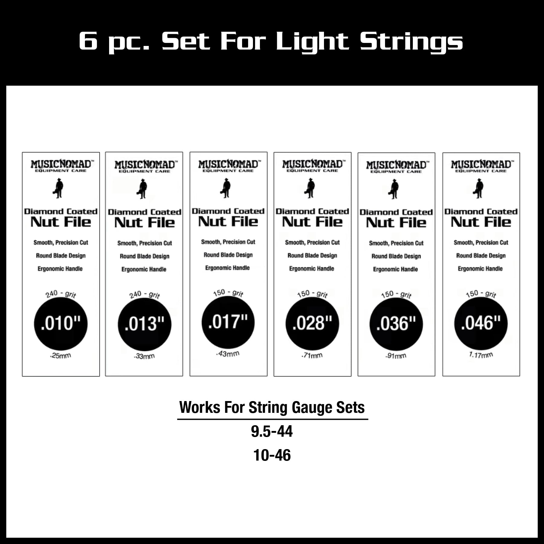 Musicnomad Mn673 5 Pc. Diamond Coated Bass Nut Slotting File Set, With Storage Case