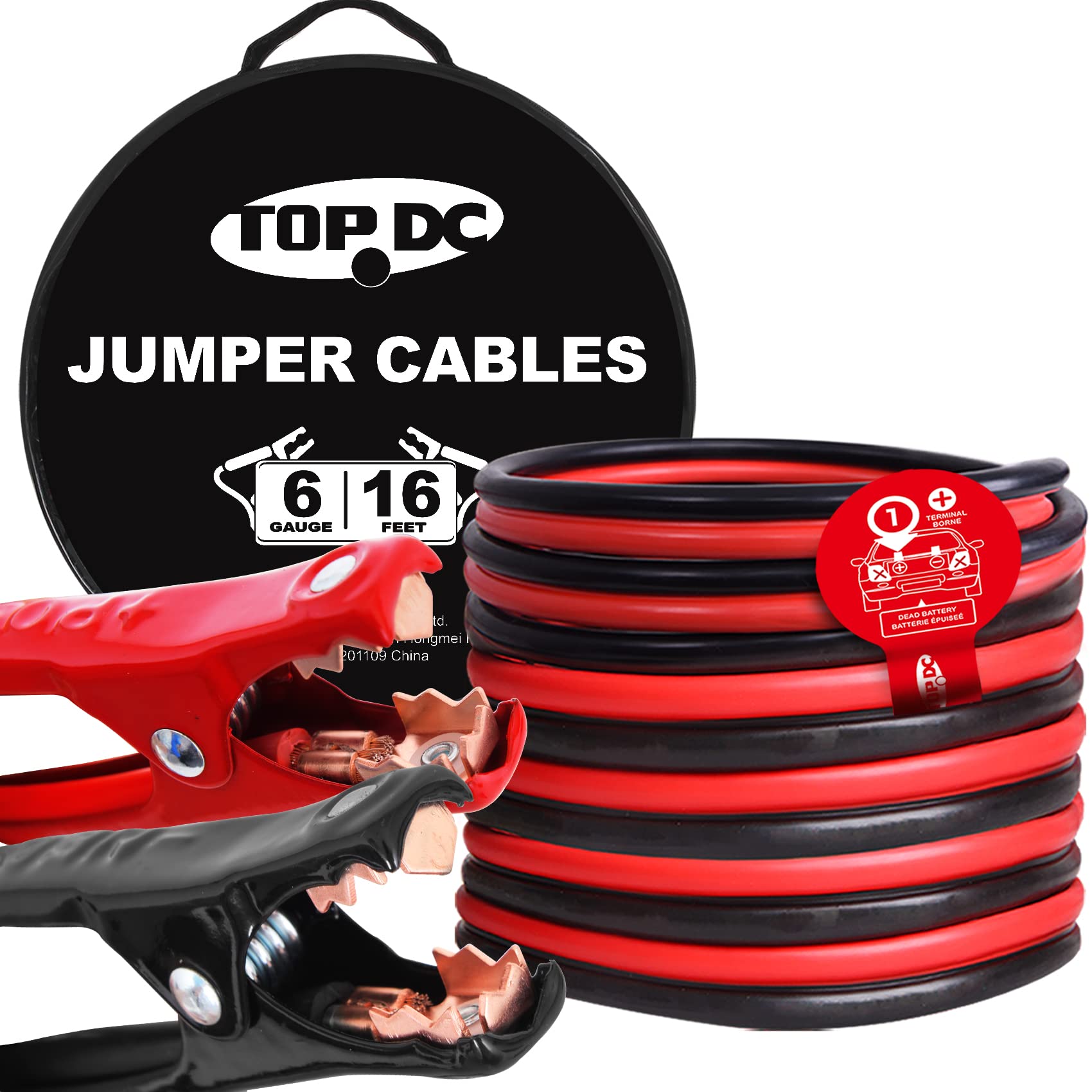 TOPDC 6 Gauge 16 Feet Jumper Cables for Car, SUV and Trucks Battery, Heavy Duty Automotive Booster Cables for Jump Starting Dead