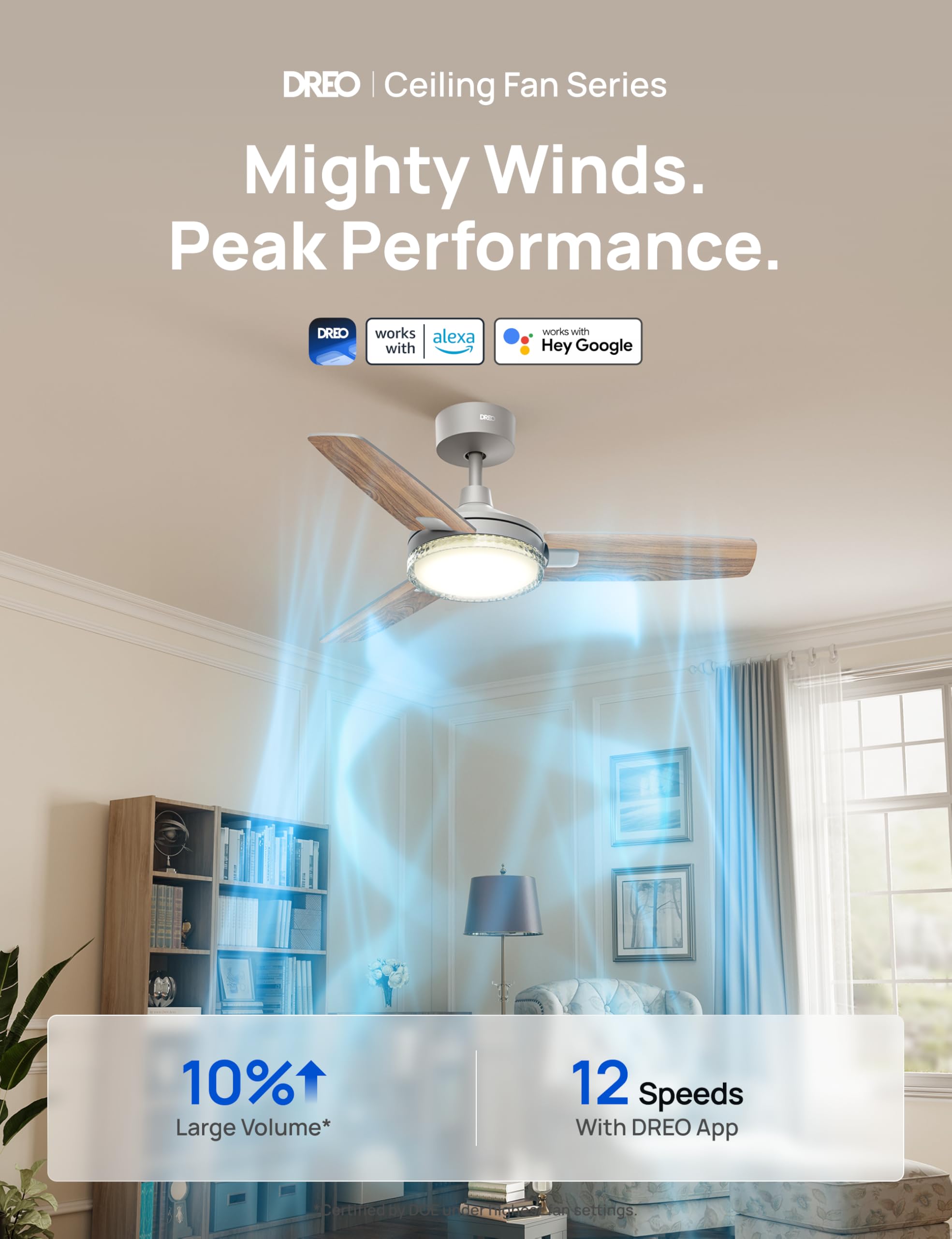 Dreo Smart Ceiling Fans With Lights, 42 Inch Grey Ceiling Fan, 12 Speeds & 3 Fan Modes, Stepless Color Tones, Dimmable Led Light