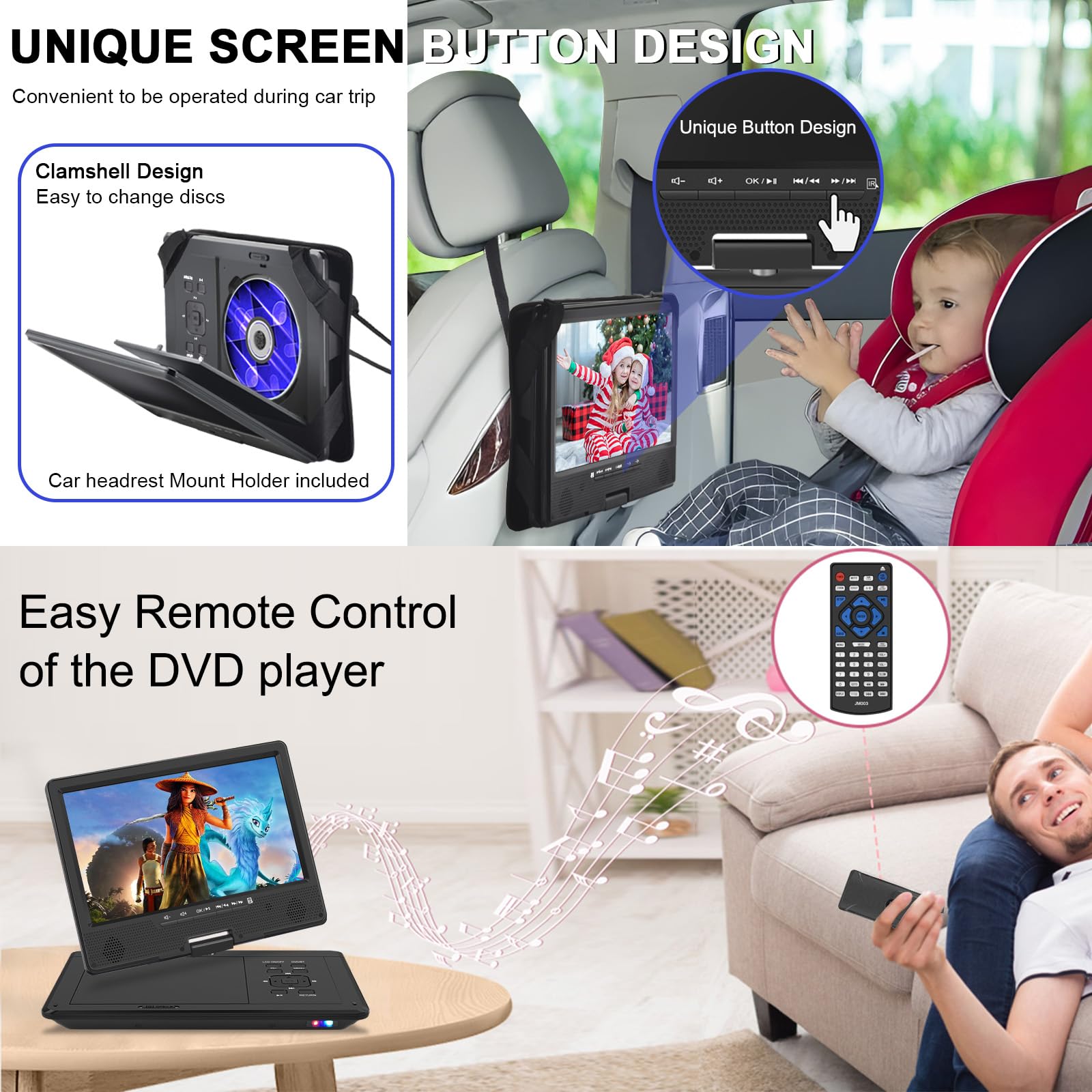 12.5'' Portable Dvd Player, Bluetooth Headrest Video Players With 10.1'' Swivel Screen, 5 Hours Rechargeable Battery, Dvd Player