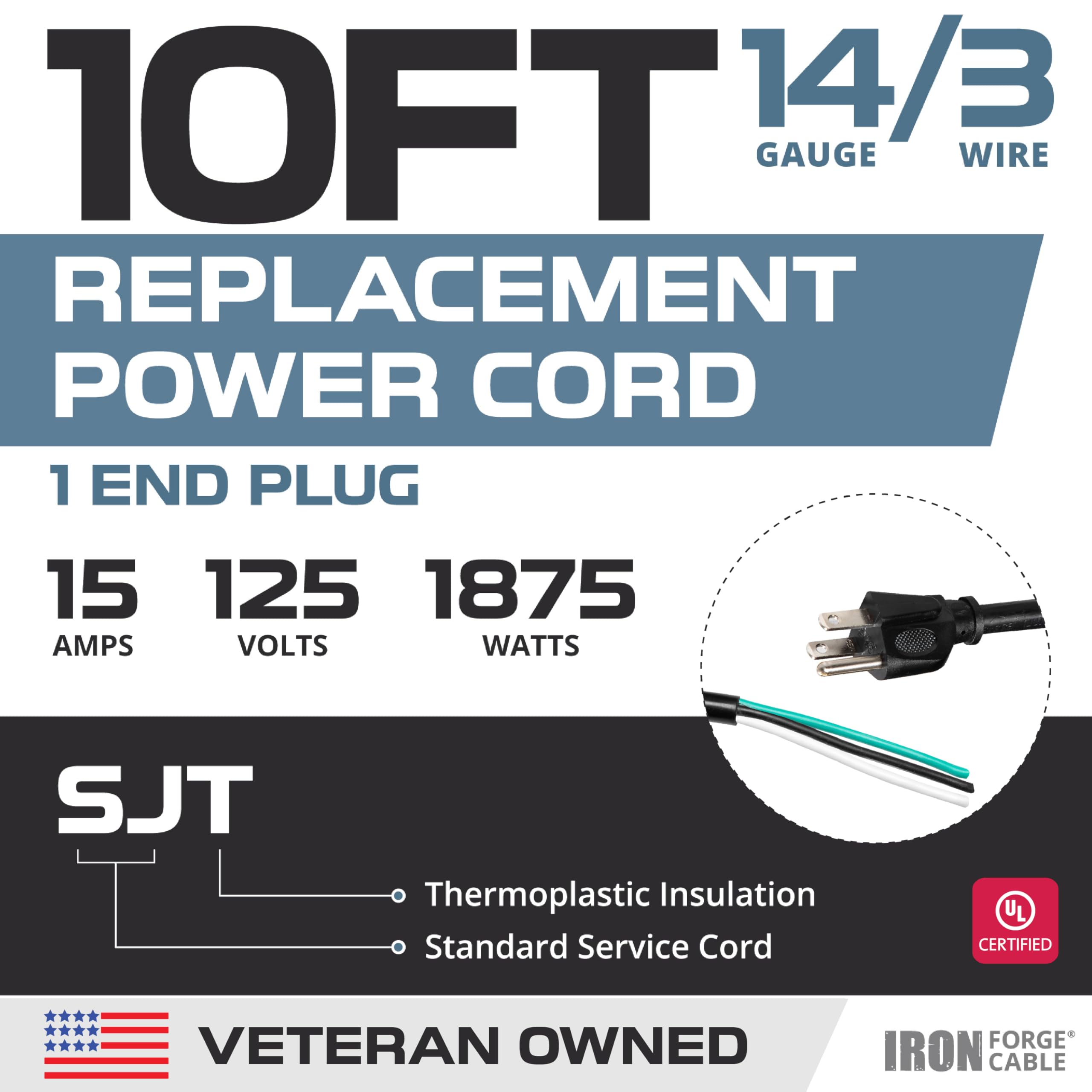 Iron Forge Cable 14 Awg Replacement Power Cord With Open End   10 Ft Black Extension Cable, 14/3 Sjt, Nema 5 15P
