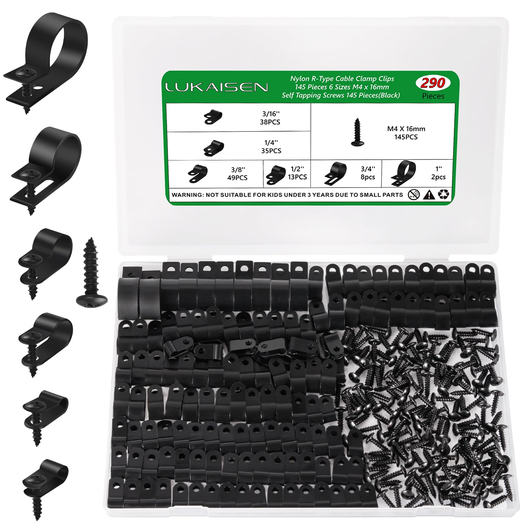Cable Clips For Cable Management Cord Organizer, 6 Sizes 300 Pcs Nylon R Type, 3/16'' 1/4'' 3/8'' 1/2'' 3/4'' 1'' Black Plastic