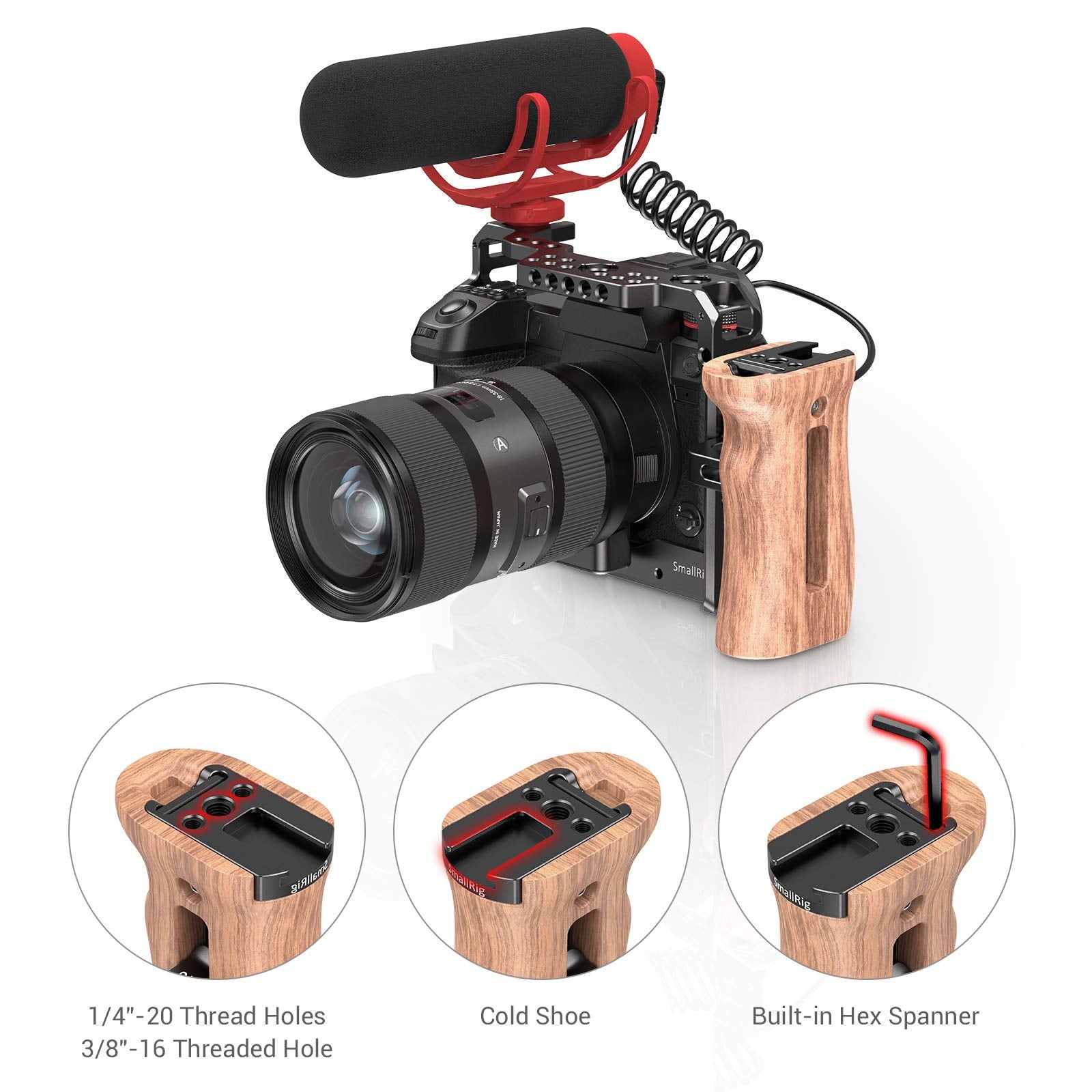 Smallrig Side Wooden Handle Grip For Dslr Camera Cage W/Cold Shoe Mount, Threaded Holes, Direction Changeable - 2093