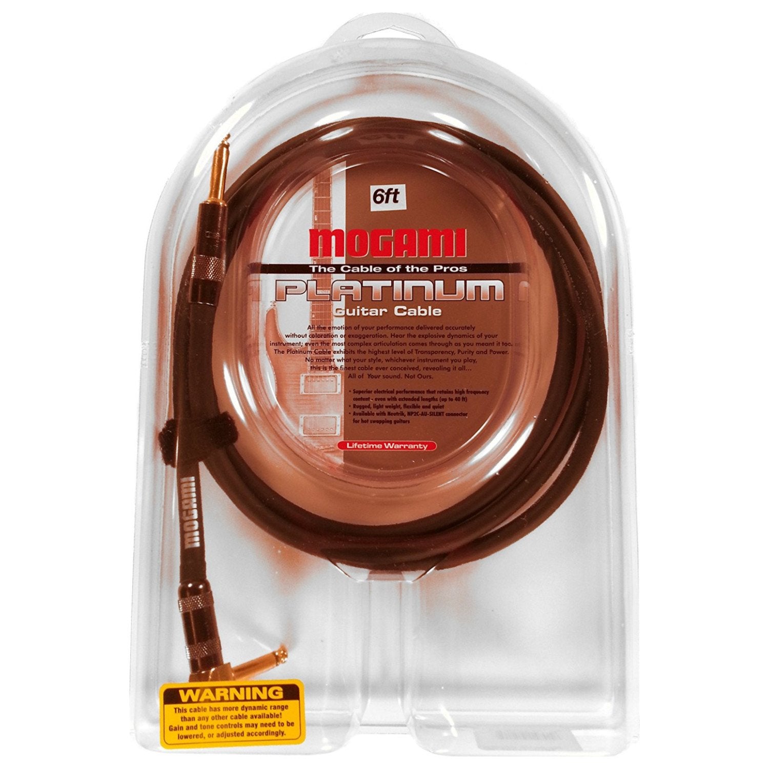 Mogami Platinum Guitar 06R Instrument Cable, Gold 1/4'' Ts Right Angle To Straight Plug, 6 Ft.