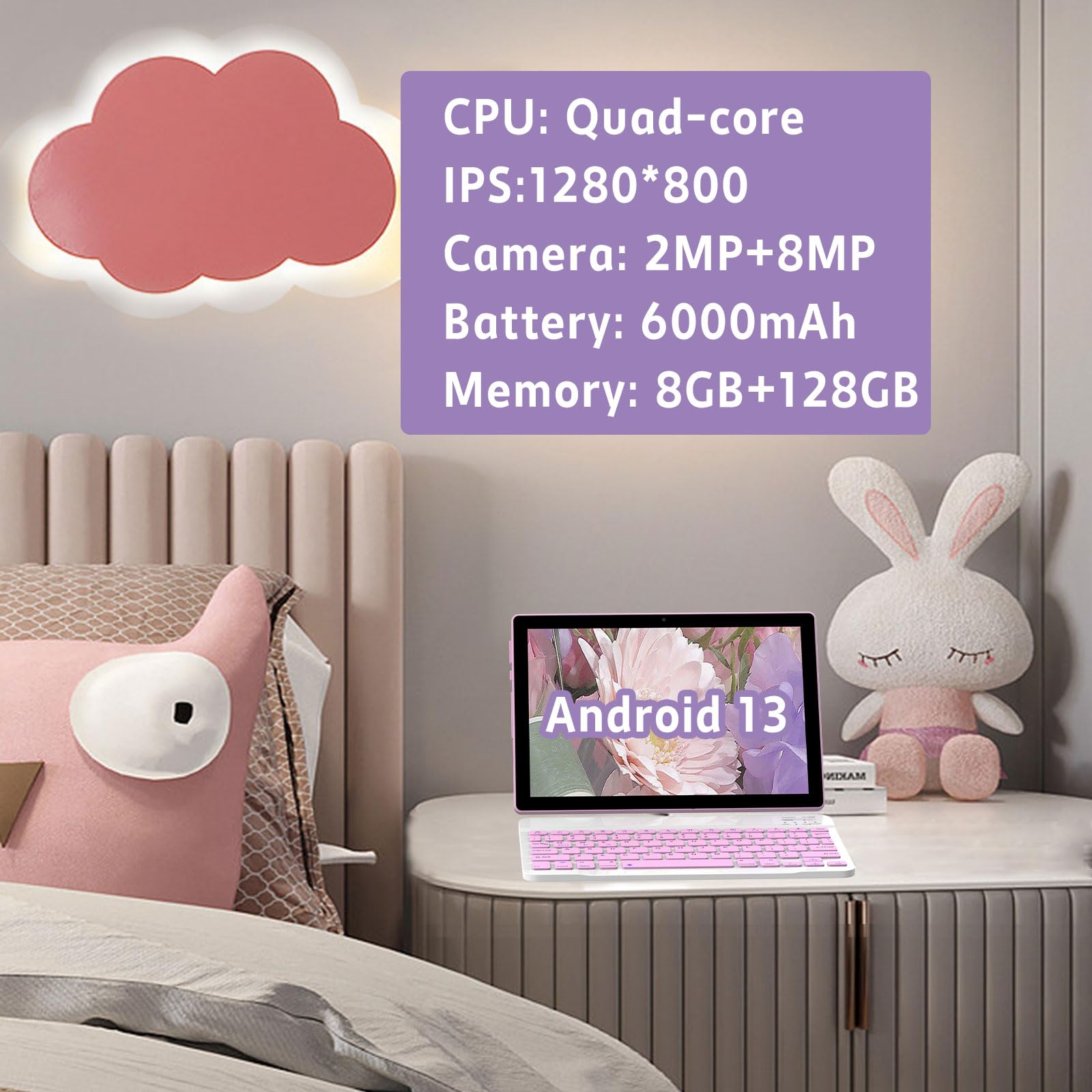 10 Inch Android 13 Tablet With Keyboard, 8Gb Ram 128Gb Rom, 1.8Ghz Quad Core Processor Tablet, 1280*800 Ips Touch Screen, 2.4G/5