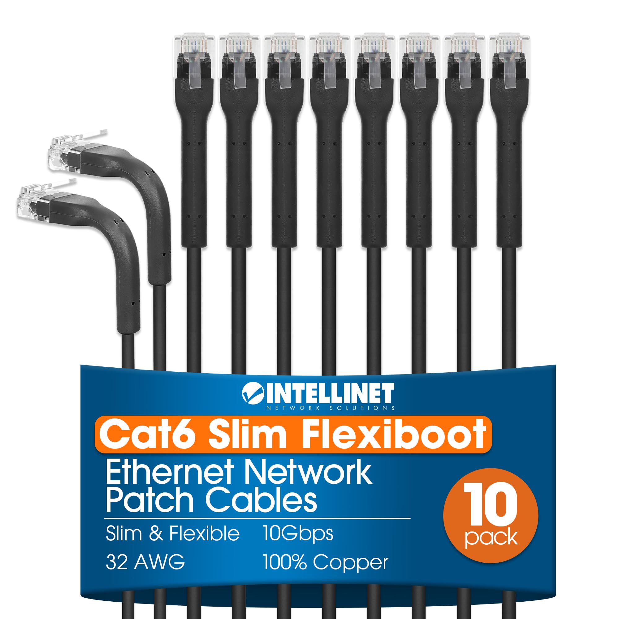Cat6 U/Utp Flexiboot Slim Network Patch Cable, 3 Ft., Black, 10-Pack