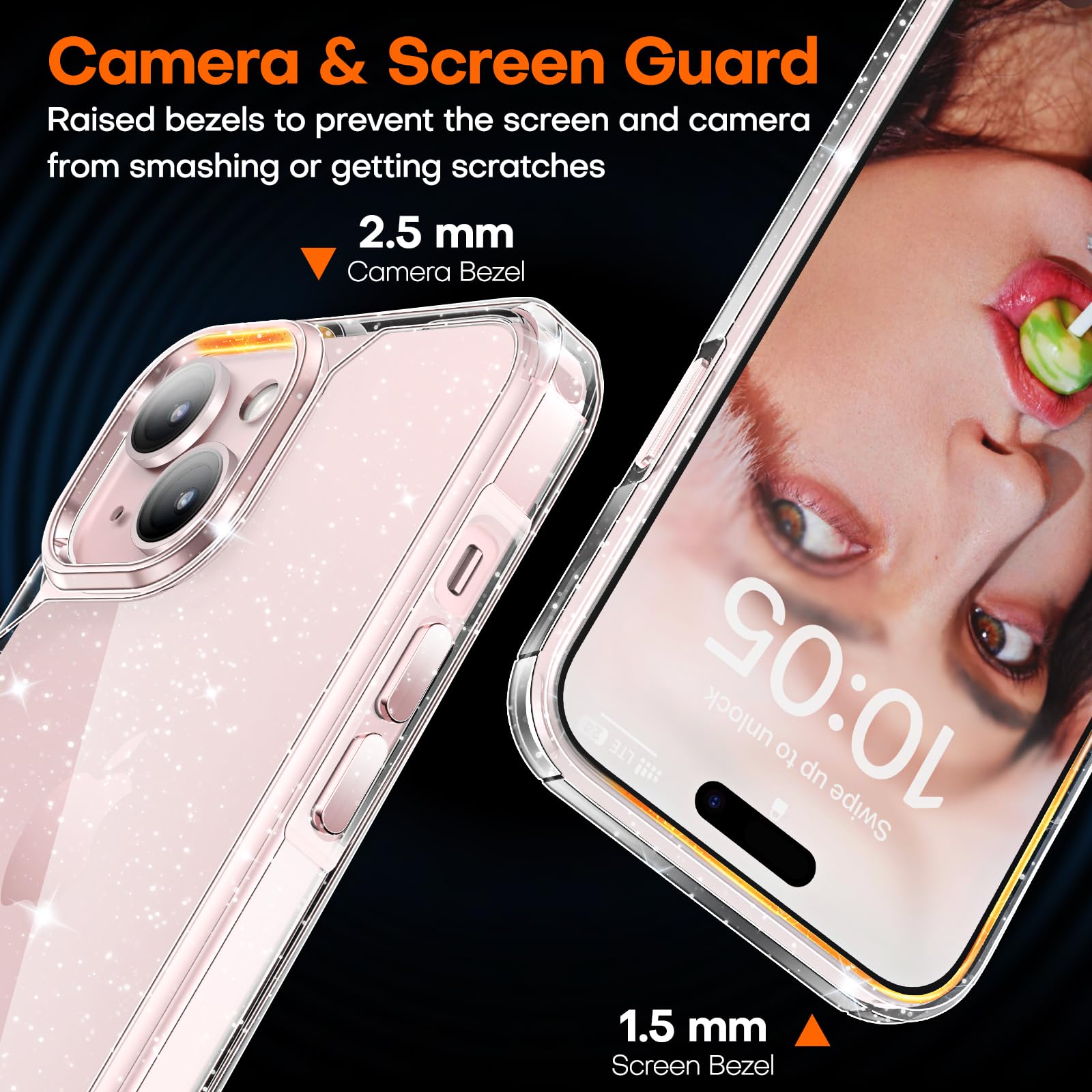 Tauri 3 In 1 For Iphone 15 Case Glitter, [Not Yellowing] With 2X Screen Protector, [Military Grade Drop Protection] Bling Cute S