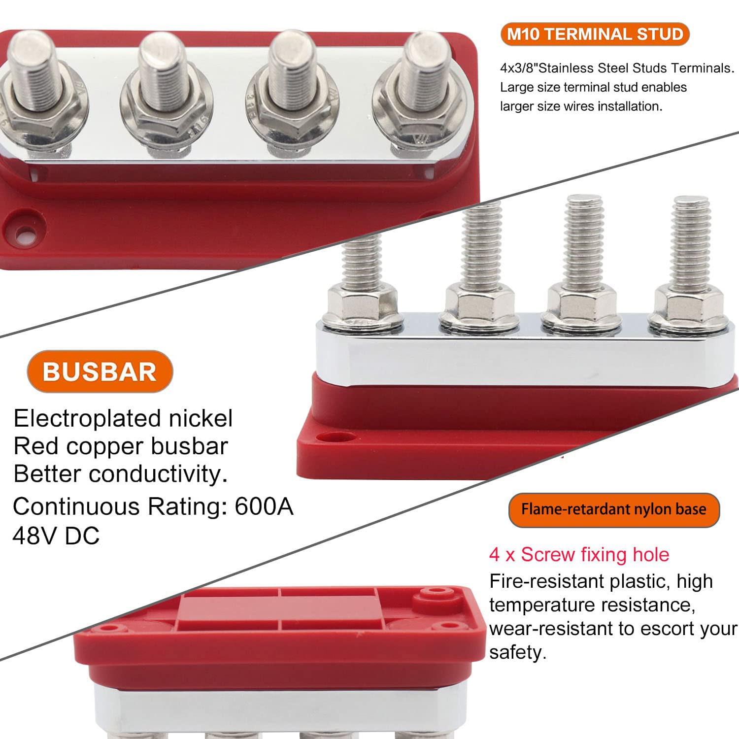 Sturdy Copper Busbar 12V 600A Power Distribution Block 4 X 3/8'' Studs Positive Terminals 48V Dc Battery Bus Bar With Nickel Pla
