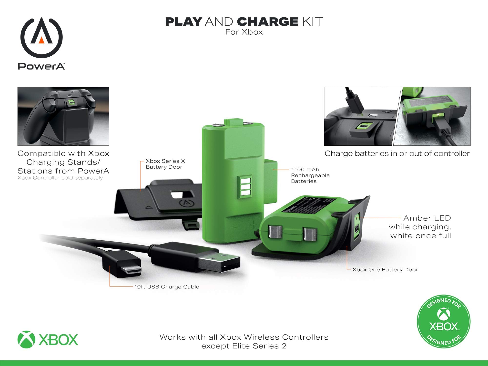 Powera Play & Charge Kit For Xbox, Wireless Controller Charging, Charge, Rechargeable Battery, Xbox Series X|S, Xbox One - Xbox