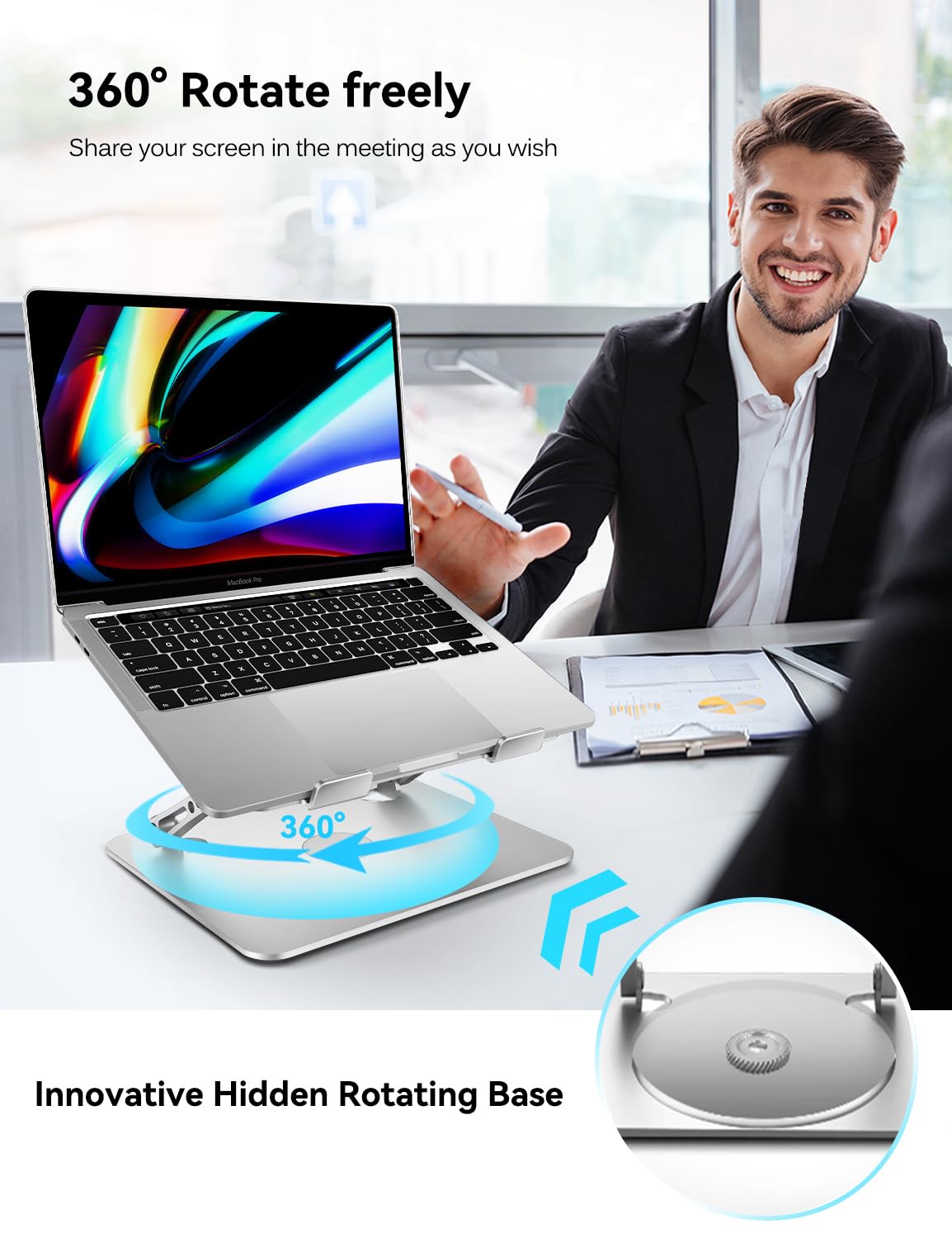Ivoler Adjustable Laptop Stand With 360� Rotating Base, Ergonomic Laptop Stand For Desk, Foldable & Portable Laptop Riser, For Collaborative Work, Fit Macbook Laptops Up To 16 Inches Silver