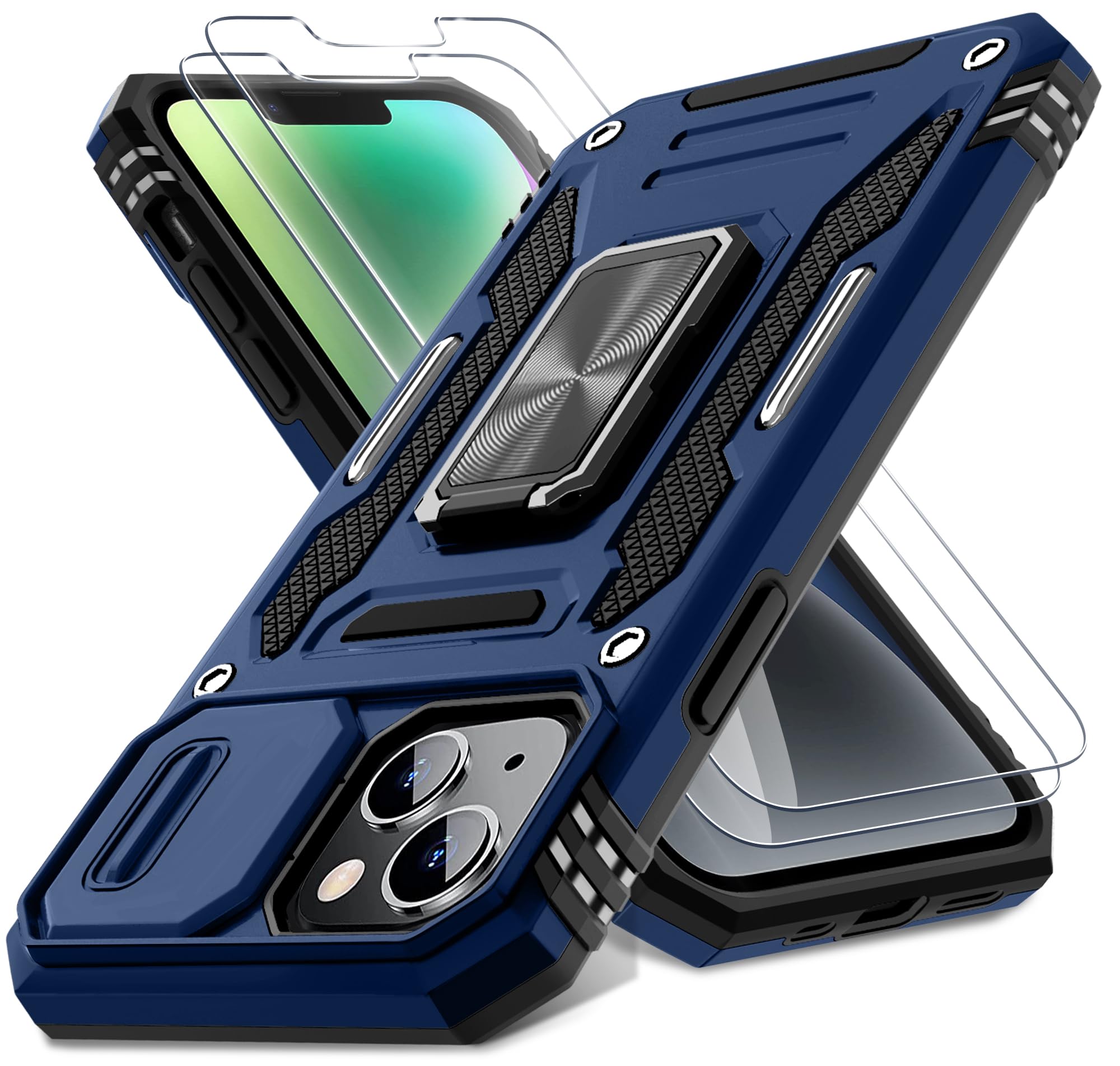 Deerlamn Case For Iphone 13/Iphone 14 6.1 Inch With Slide Camera Cover+Screen Protector(2 Packs),Rotated Ring Kickstand Military