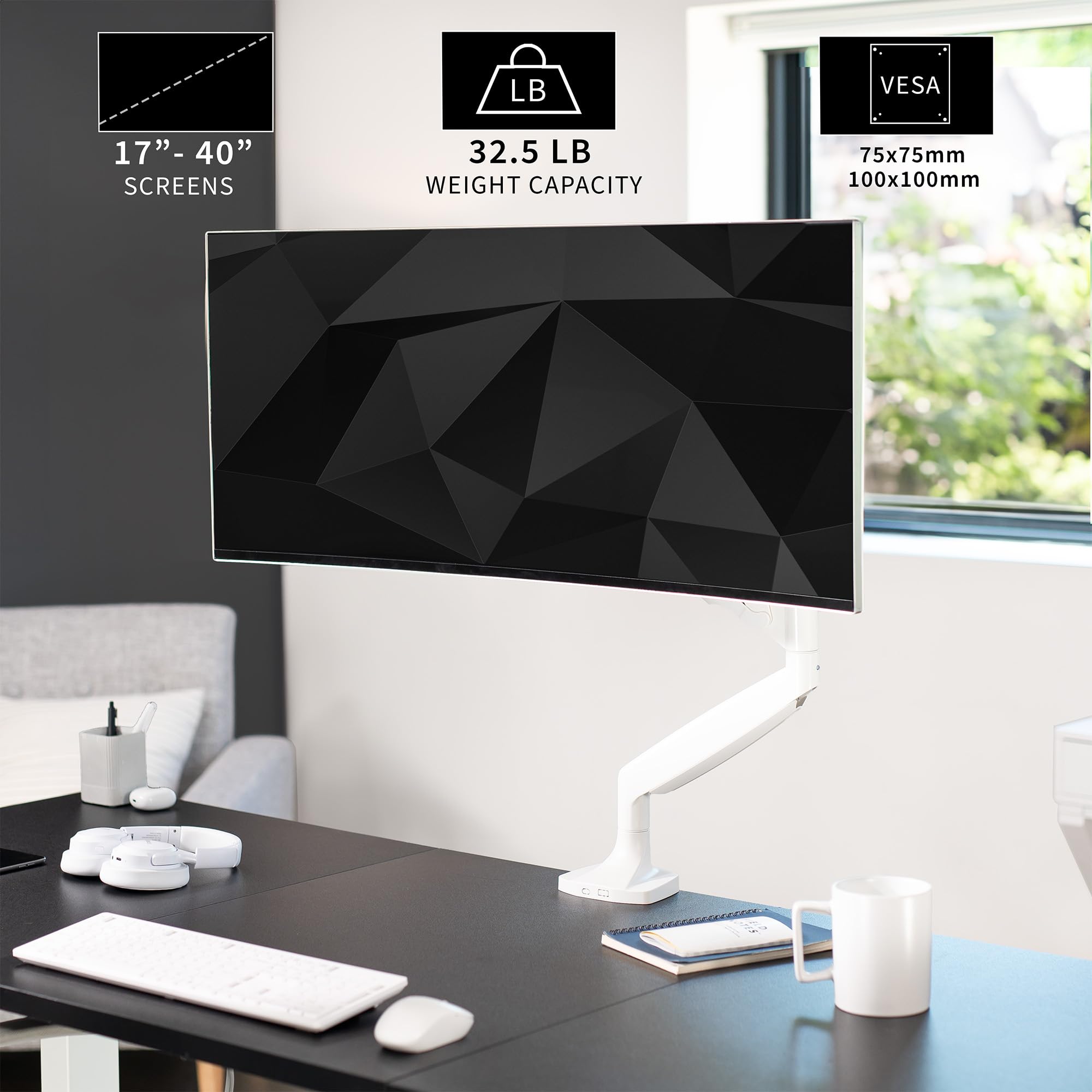 VIVO Premium Aluminum Heavy Duty Single Monitor Arm for Ultrawide Monitor up to 40 inches and 32.5 lbs, Desk Mount Stand, Pneumatic Height, Max VESA 100x100, White, STAND V101QW