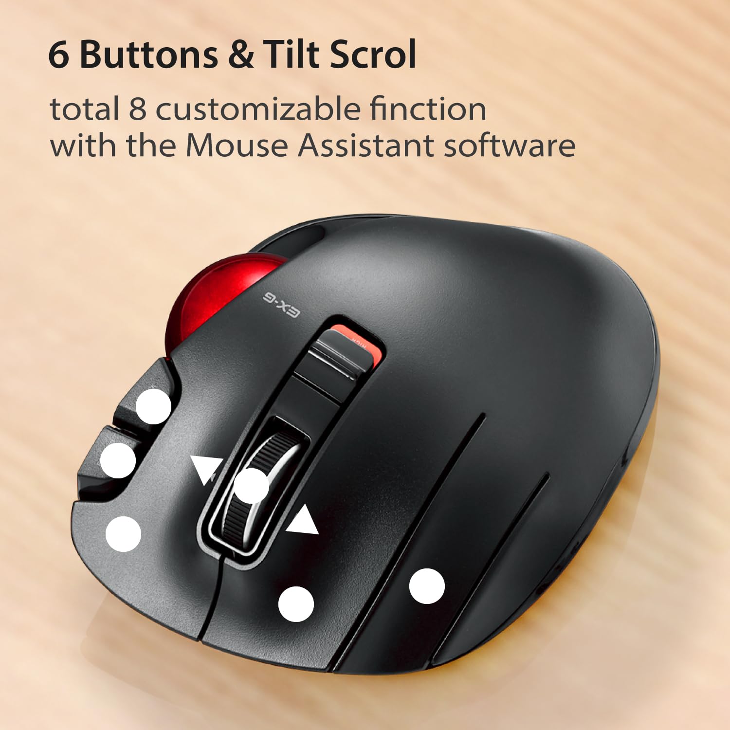 Elecom Ex G Left Handed Trackball Mouse, 2.4 Ghz Usb Wireless, Ergonomic, Thumb Control, Tracking Roller Ball, 6 Programmable Buttons, Tilt Scroll