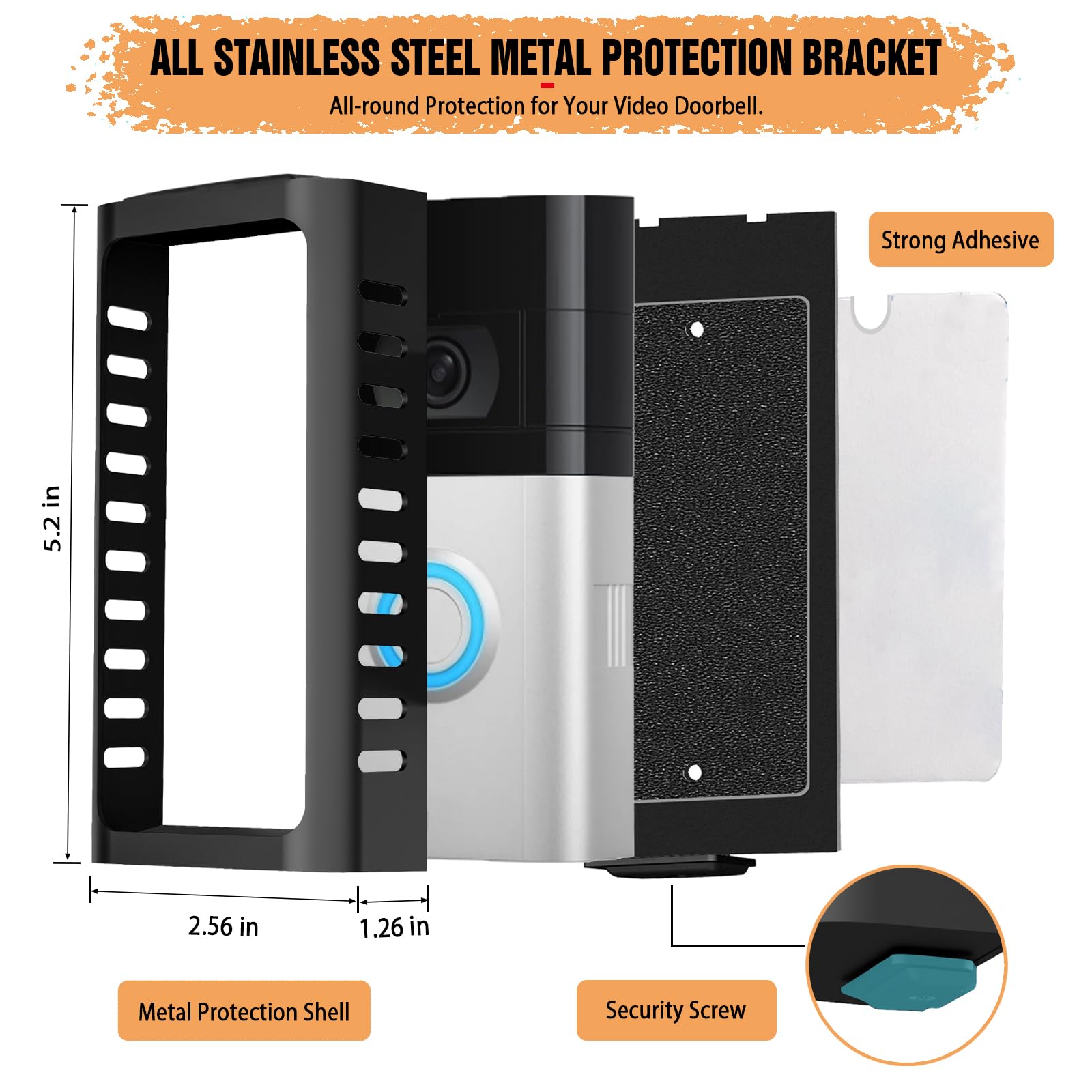 Puuuci No Drill Doorbell Mount For Battery Video Doorbell 2/3/4/(2020 Release)/(2024 Release)/Plus/Pro, Adhesive Steel Metal Doo