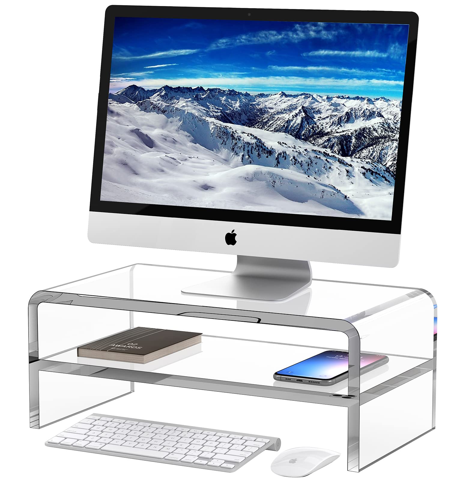 Egchi Acrylic Monitor Stand, 2 Tiers Clear Monitor Riser Computer Stand For Office, Home, Office, 5.12 Inches Hight Pc Desk Stan