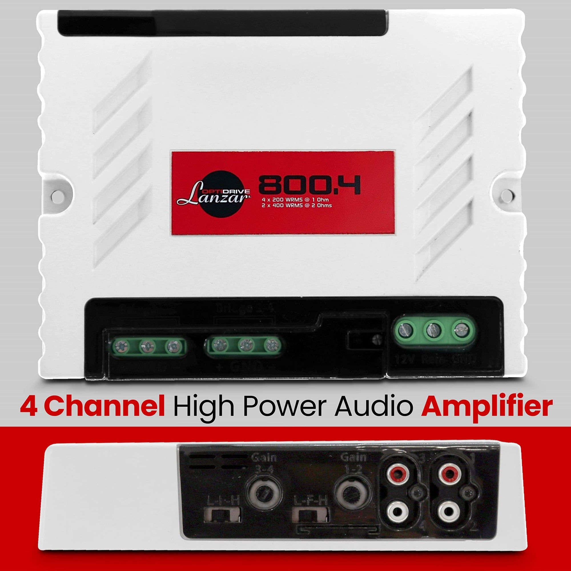 Four Channel High Power Car Audio Amplifier w/Adjustable High & Low Pass Filters Stable to 1 ohm WHITE/Red label