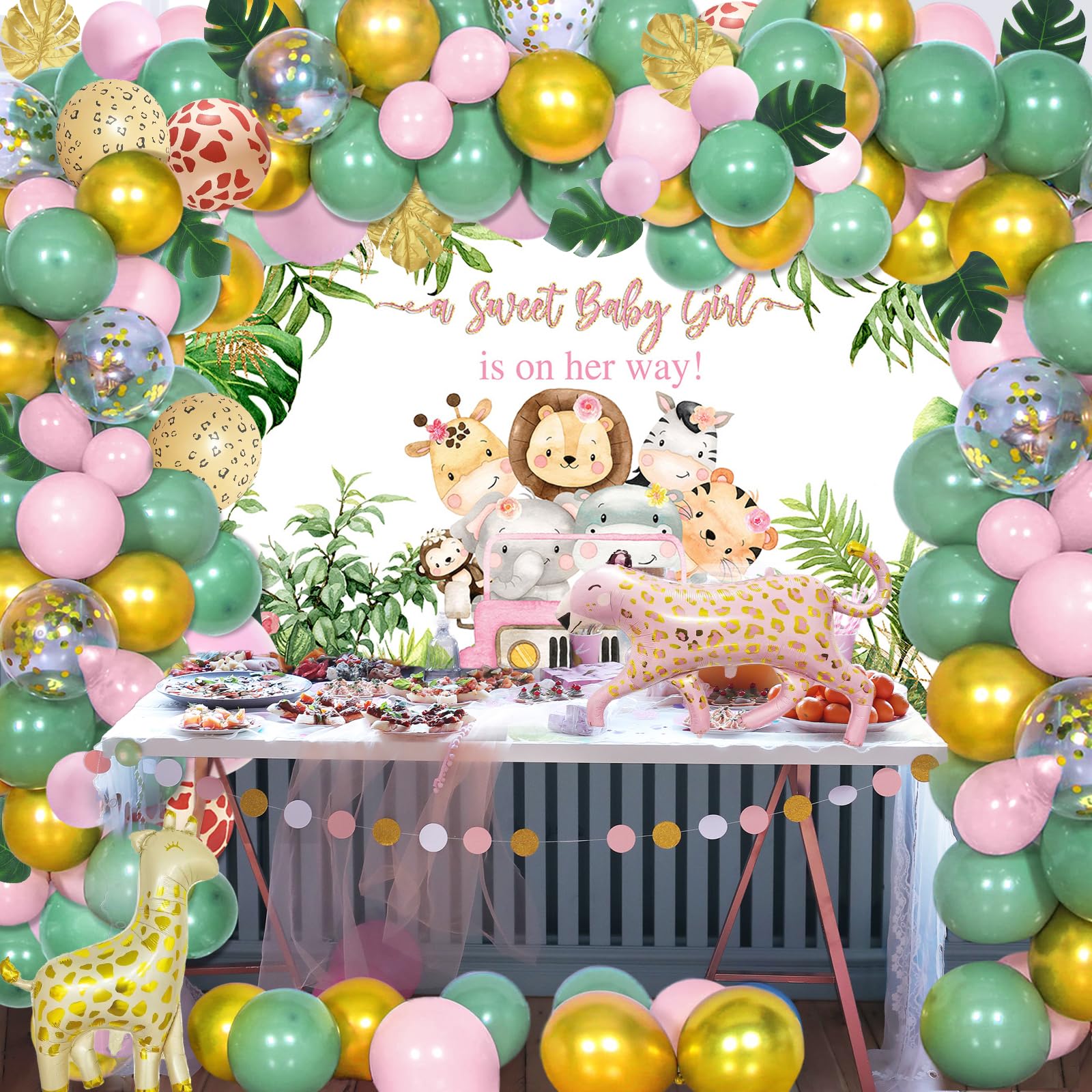 Avezano Pink Safari Baby Shower Backdrop For Girl Jungle Animals Baby Shower Party Background Decorations Tropical Flowers Leave