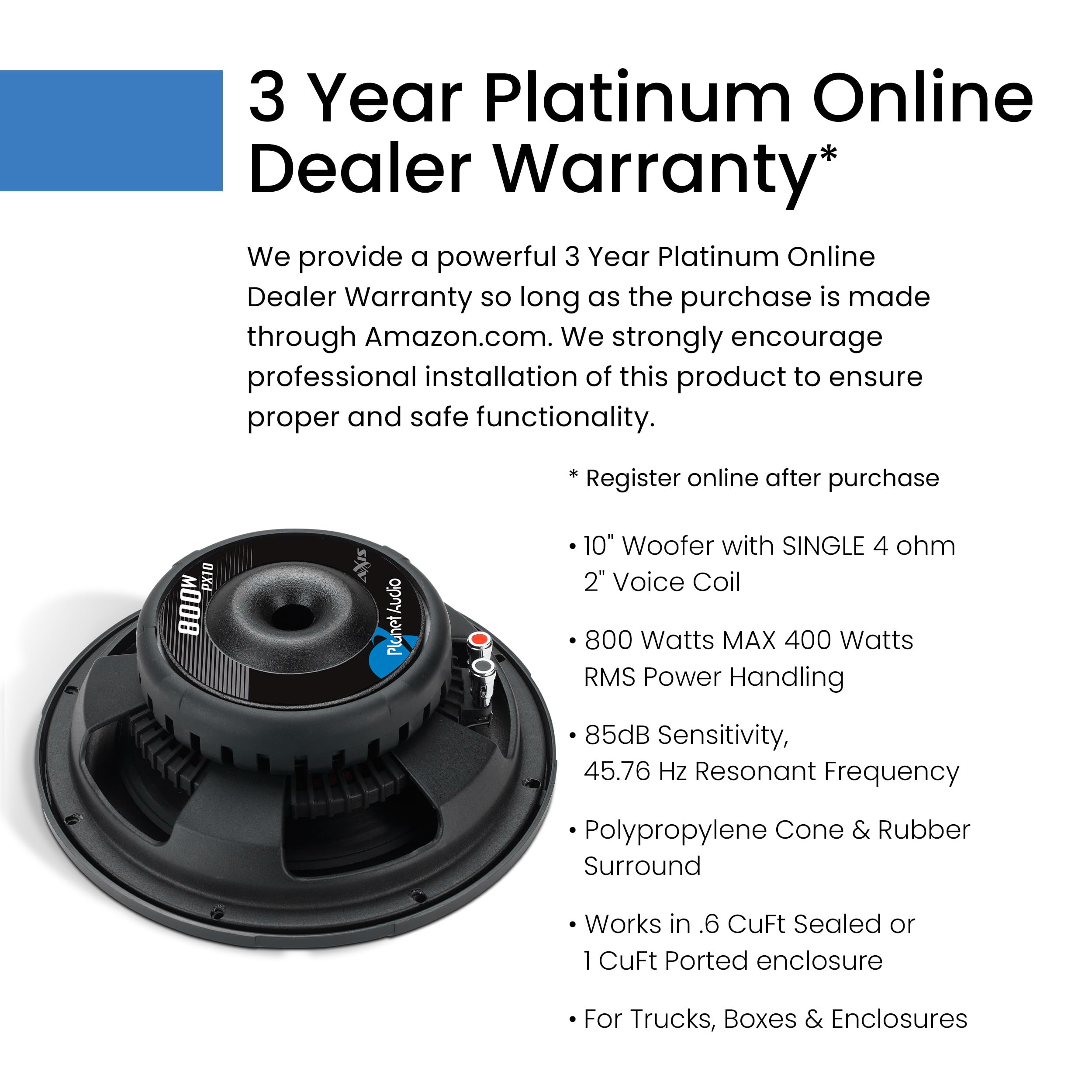 Planet Audio 10 Inch Car Subwoofer PX10 Axis Series 800 Watts Max Single 4 Ohm Voice Coil Rubber