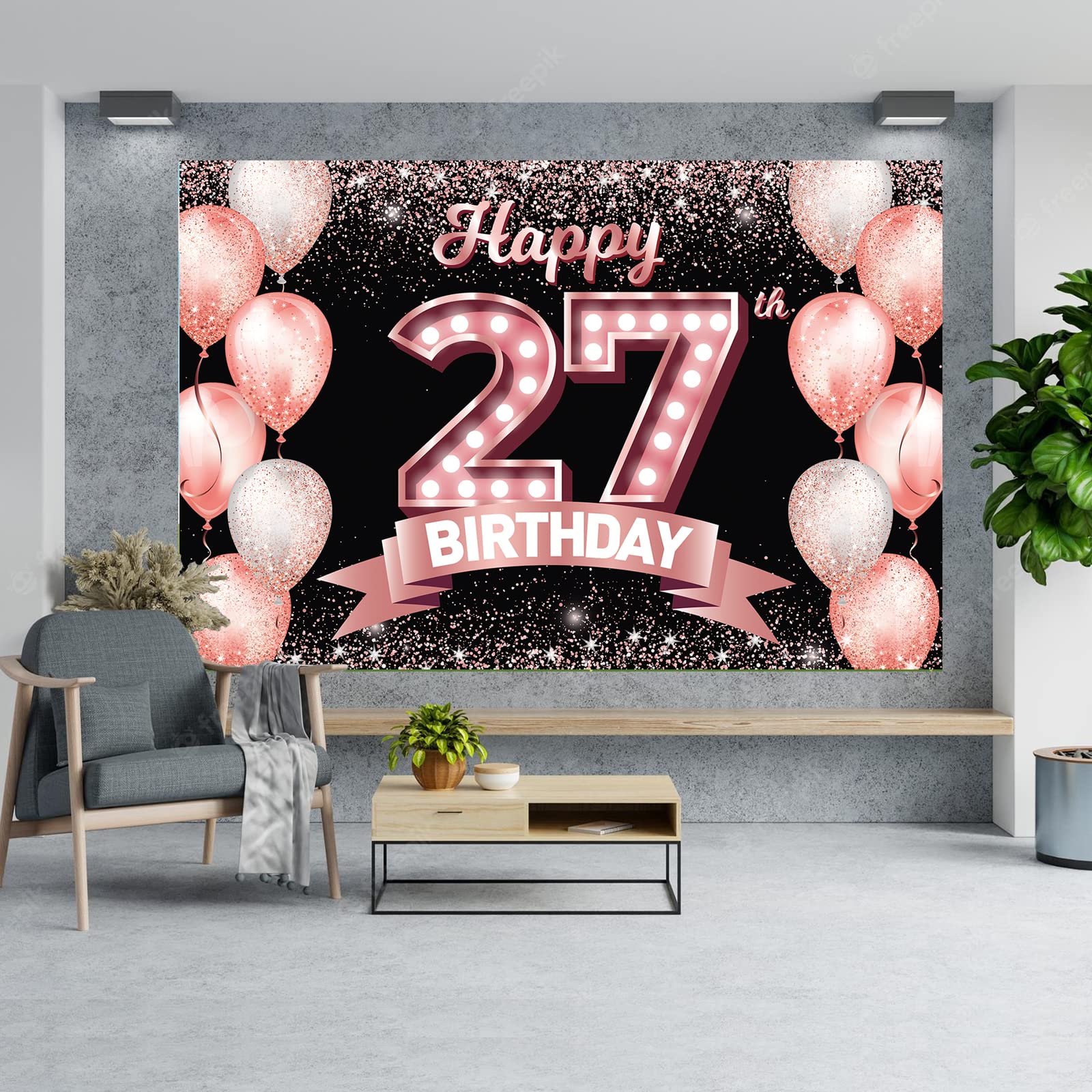 Happy 27Th Birthday Rose Gold Banner Backdrop Cheers To 27 Years Old Confetti Balloons Theme Decor Decorations For Women 27 Year