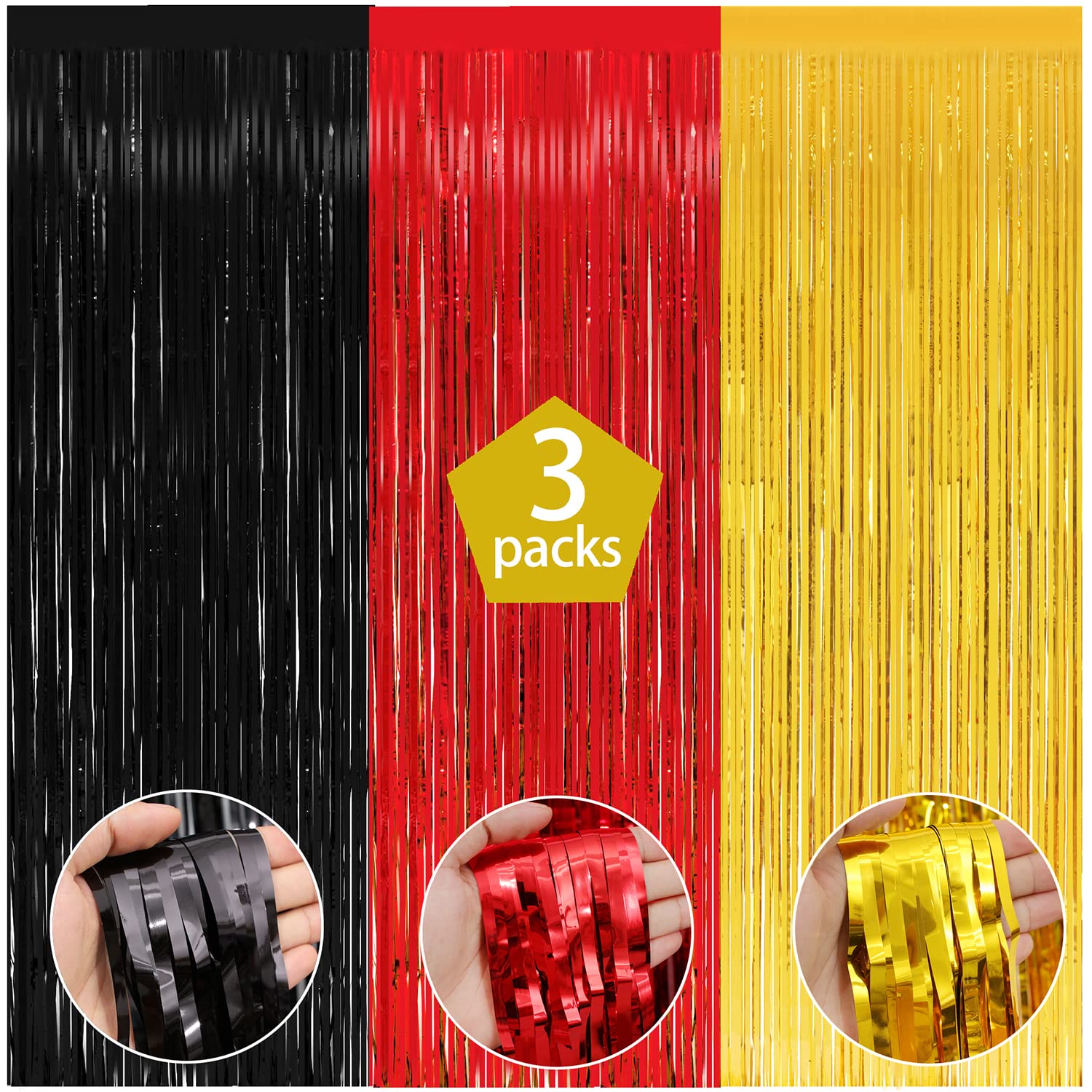 3 Pack Foil Curtains 8X9.84 Ft Red Gold And Black Fringe Metallic Backdrop Curtain For Mouse Themed Baby Shower Birthday Nursery