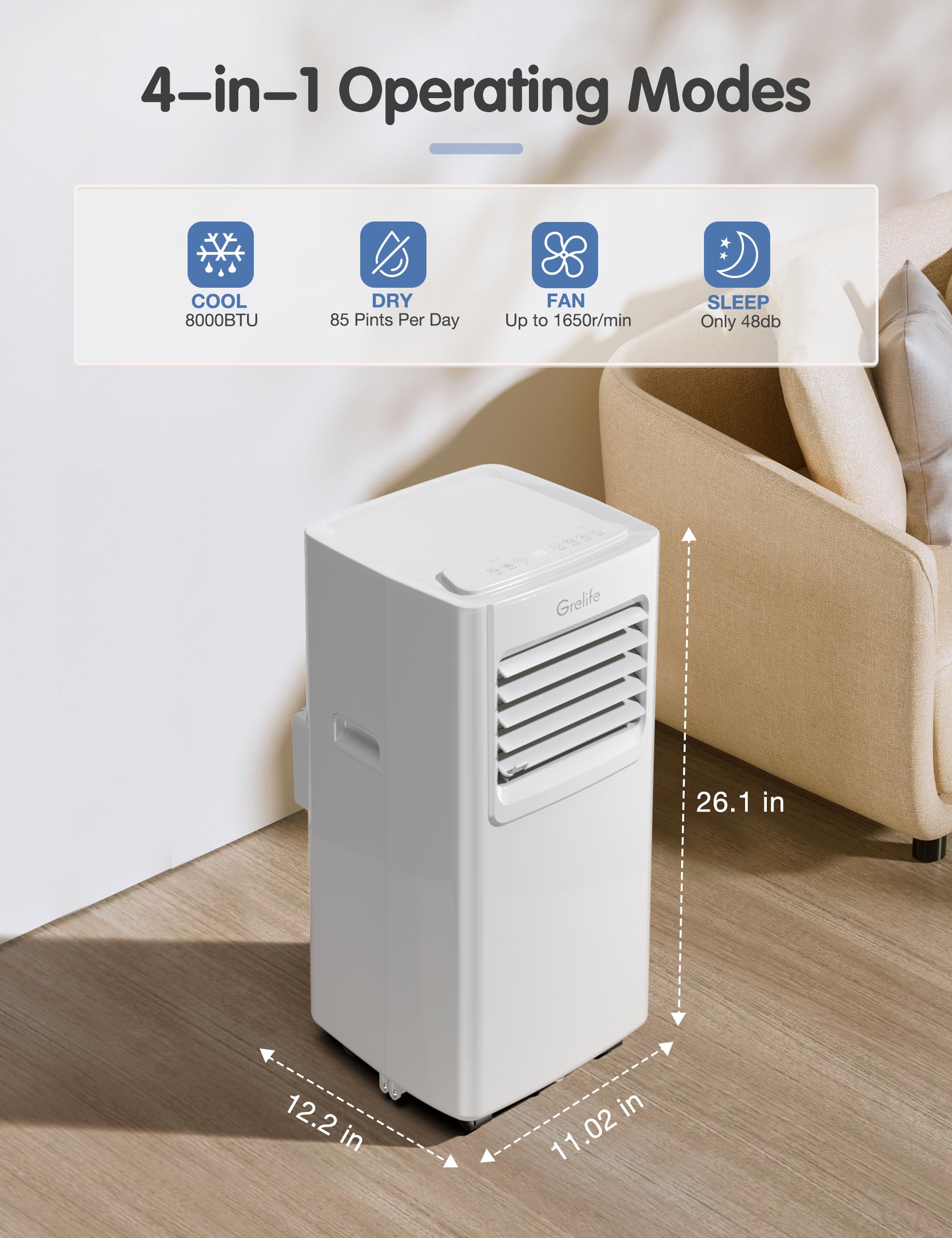 Portable Air Conditioner,Grelife 8000Btu 4-In-1 Ac Unit With Fan, And Dehumidifier For Up To 350 Sq. Ft. Featuring Smart/Sleep M